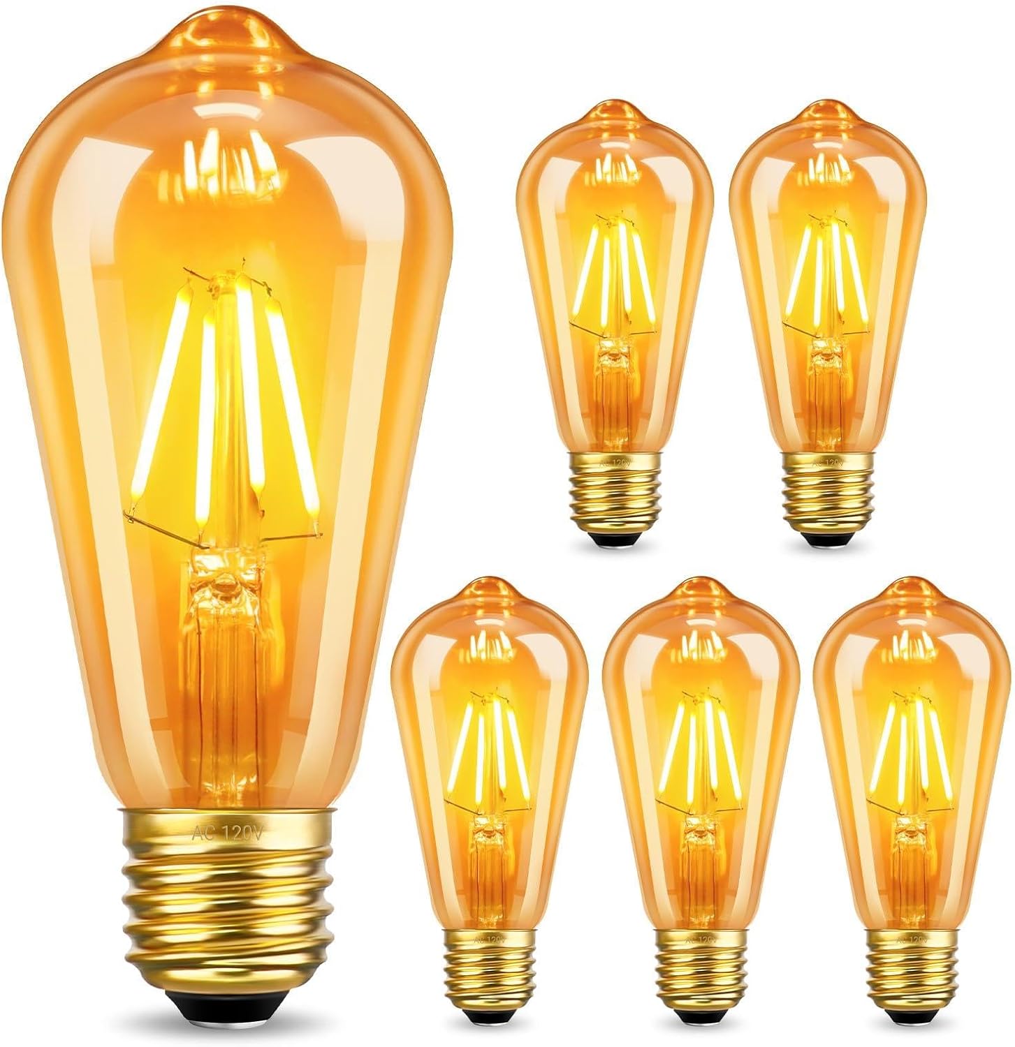 Amber Edison Light Bulbs，Dimmable LED Bulbs 6W Equivalent 60W, ST58 Vintage Light Bulbs E26 2700K Warm White Amber Glass Bulbs for Chandeliers, Pendant, Wall Sconces, 600LM, 90+CRI, 6 Pack