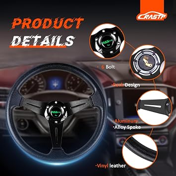 RASTP Universal Racing Steering Wheel 13.8/350mm 6 Bolts Grip Vinyl Leather & Aluminum with Horn Button for Car -Black