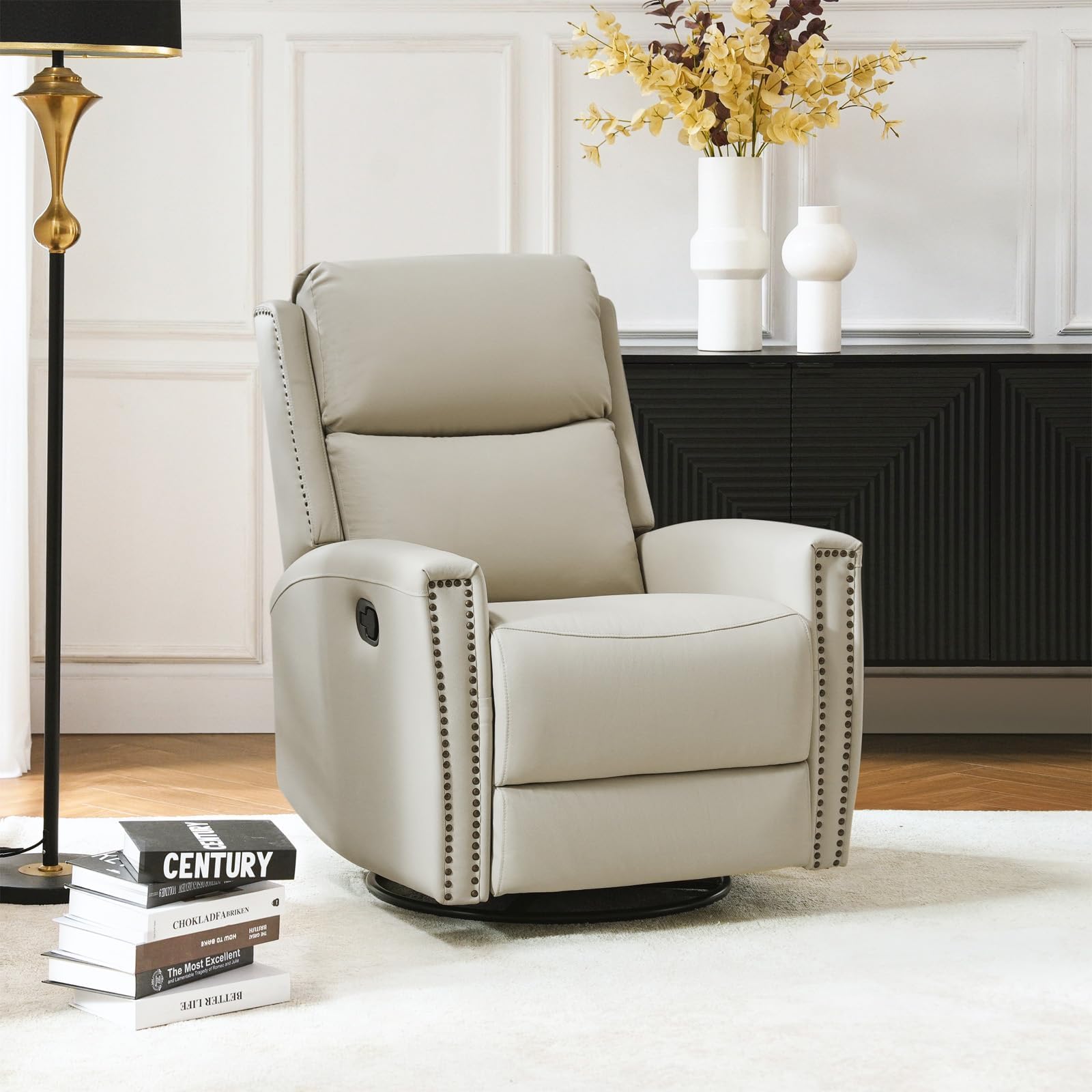 HULALA HOME Genuine Leather Swivel Rocker Recliner, Manual Glider Recliner Chair with Adjustable Backrest & Footrest, Modern Home Theater Lounge Sofa Armchair for Living Room Bedroom, Beige