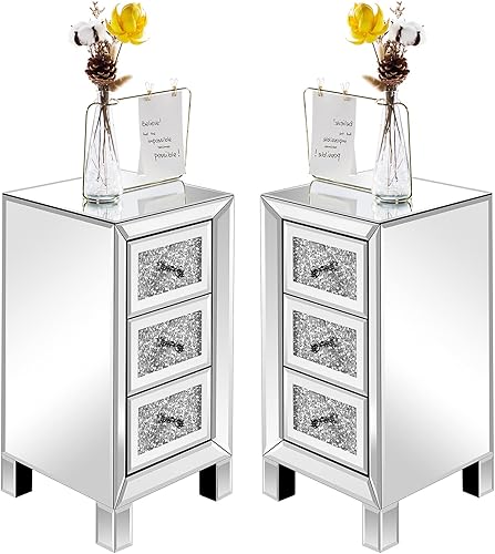 Miniatura 12 de VINGLI Mesita de noche con espejo de 3 cajones, mesa auxiliar de cristal, totalmente montada, color plateado