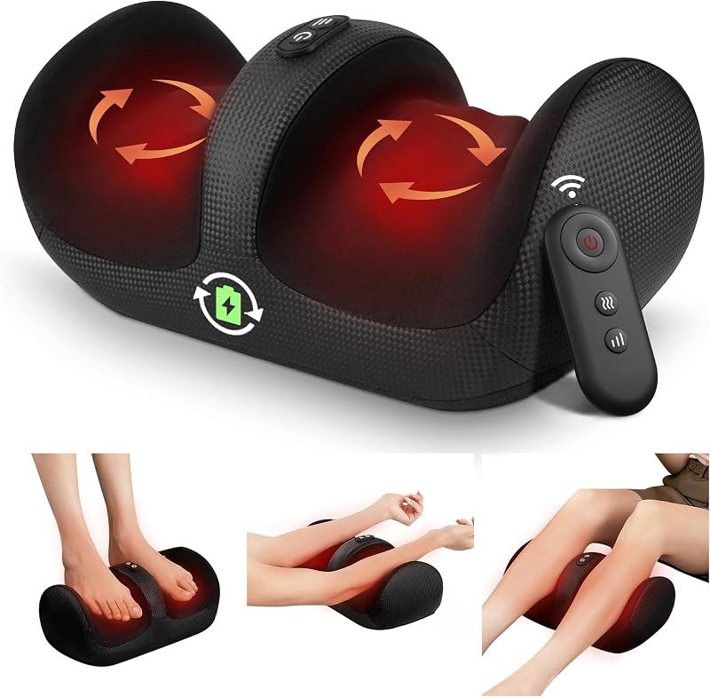 Masajeador de pies Shiatsu inalámbrico con calor, masajeador de piernas y pantorrillas | Herramientas de masaje para neuropatía y fascitis plantar, control remoto, regalos de relajación elegibles para FSA, oficina en casa portátil