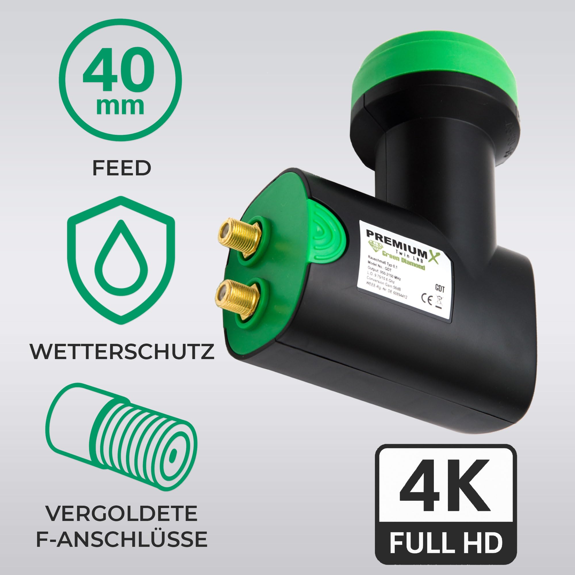 Premium X Twin LNB – 2 voies – pour 2 participants – 4K Full HD – avec protection contre les intempéries et filtre LTE pour antenne satellite TV numérique récepteur satellite – Green Diamond noir