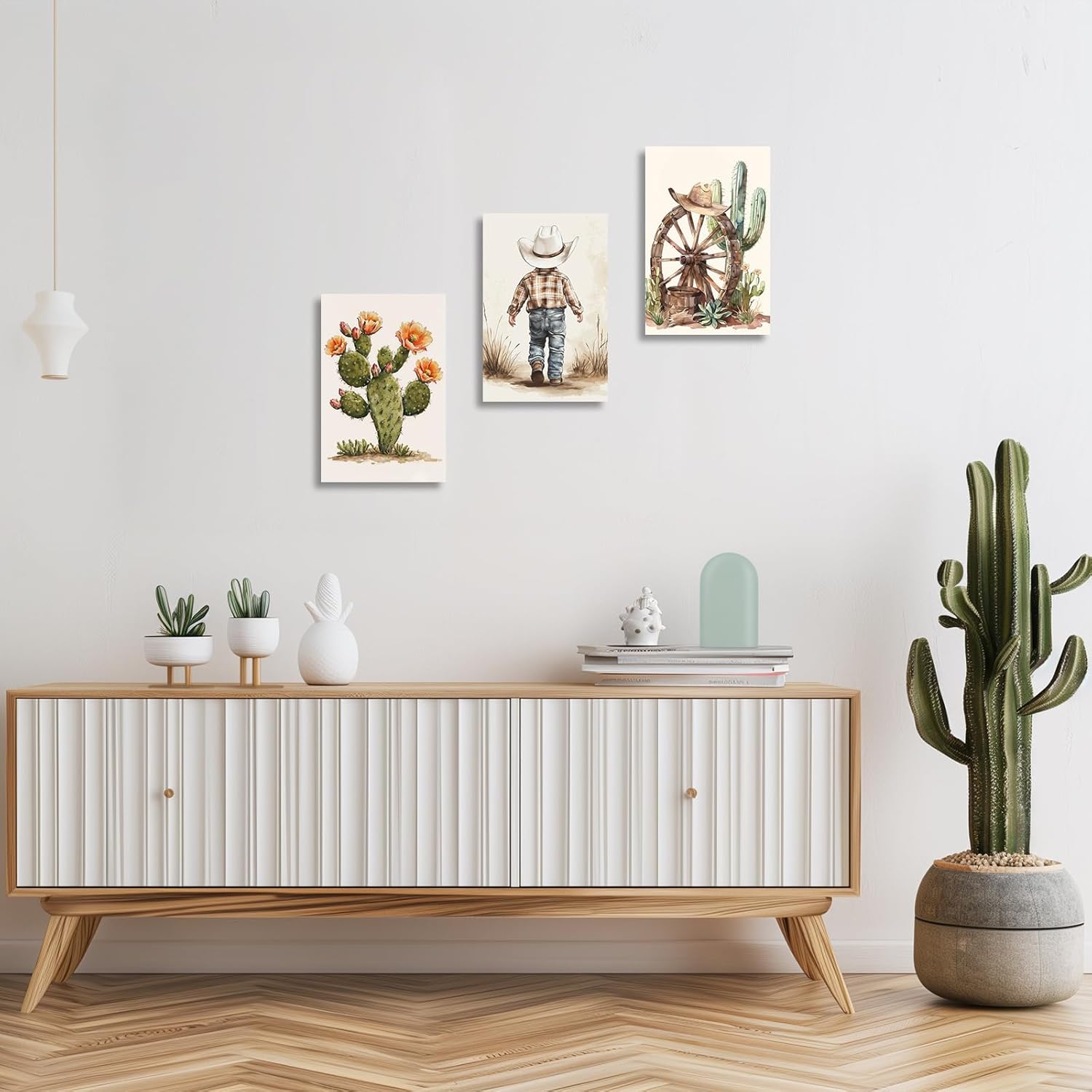 XLMDYYSW Western Cowboy Wall Art Set of 3 Nursery Canvas Prints Cactus Desert Poster Picture Cowboy Hats Paintings for Baby Boys Bedroom Children Decor Framed (Brown, 12.00" x 16.00" x 3PCS)