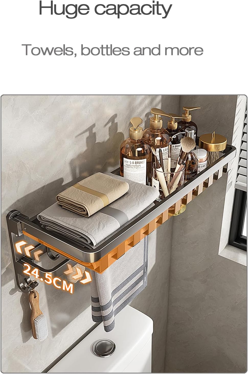 24 inches Bathroom Shelf Tower Rack (No Drilling) Shower Rack with Towel Bar with Tower hooks Shower Caddy - Grey