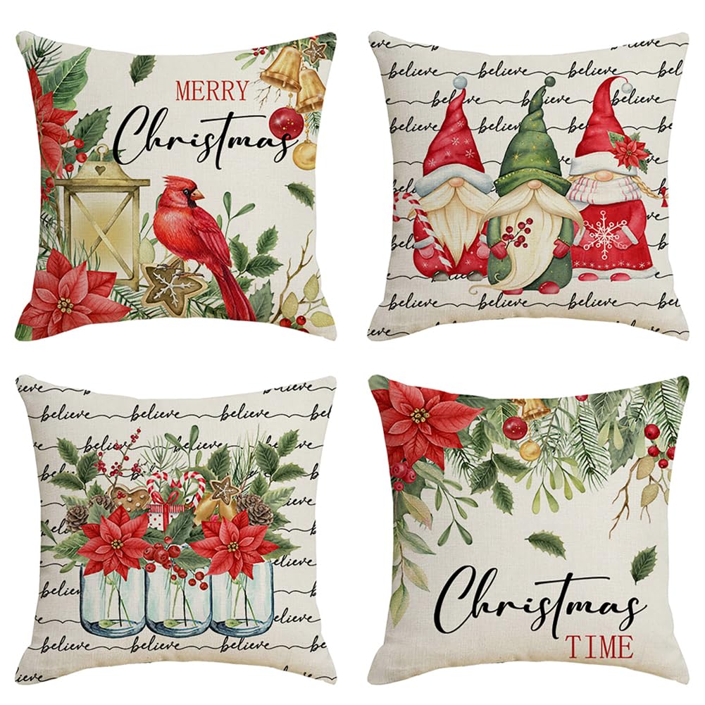 NANEEZOO Christmas Pillow Covers - 4 Pack Christmas Throw Pillow Covers Navy Blue Cotton Linen Cushion Covers Snowflake Pillowcase for Christmas living room Sofa Bed Home Decor, 18 x 18 Inch (Red)