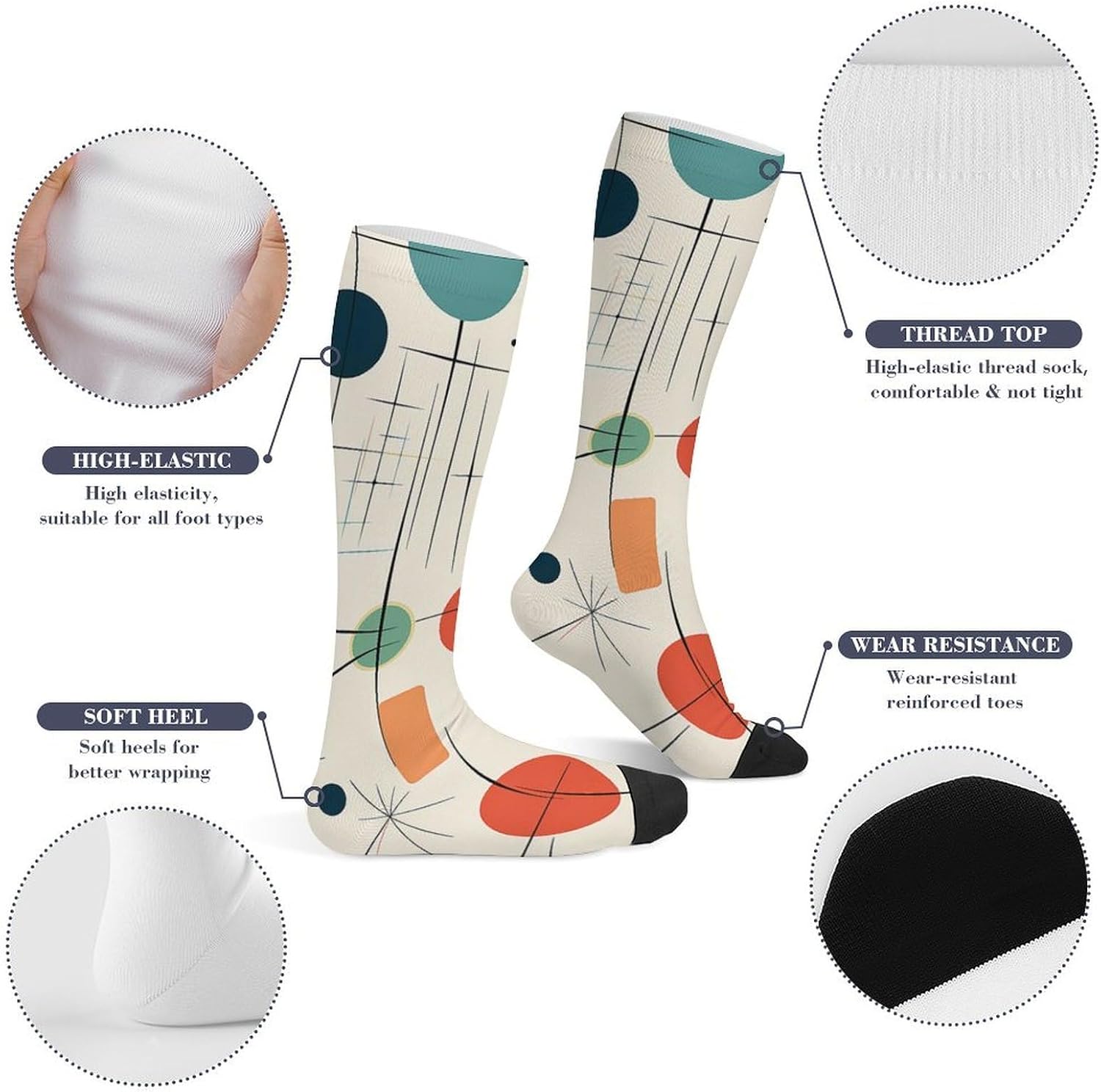 Modern Mid Century Knee High Soccer Socks Moisture Wicking