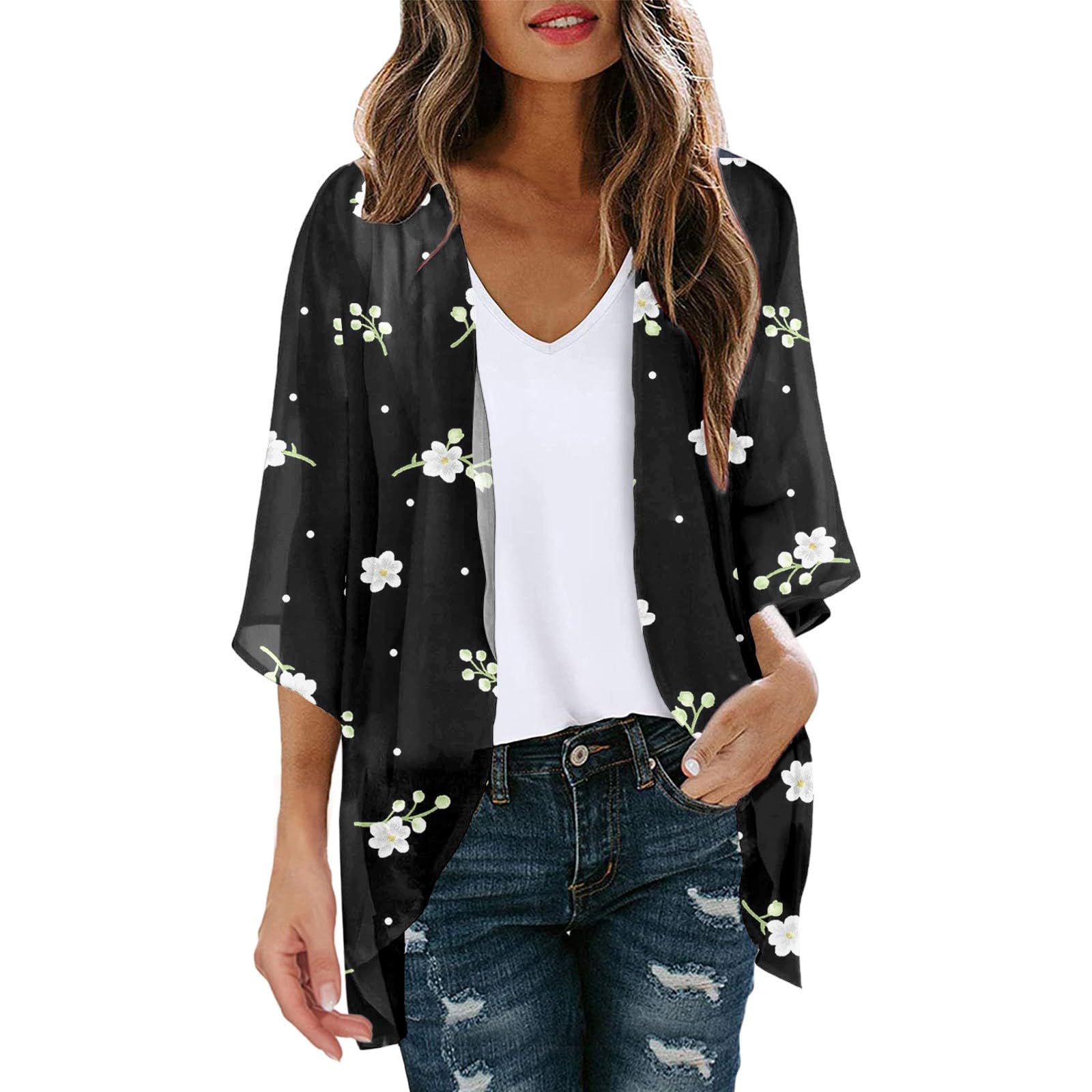 Huesdet Cárdigan de Gasa para Mujer Kimono de Playa Boho Cover Ups Suelto de Verano Tops con Estampado Floral Casuales Cardigan Ligero de Manga 3/4 EE20