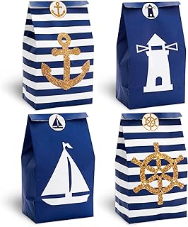 24 Pack Nautical Party Paper Bags with Stickers Blue Stripes Candy Bags Marine Anchors Ship Goody Candy Treat Gift Bags for Nautical Themed Birthday Baby Shower Party Favor Supplies