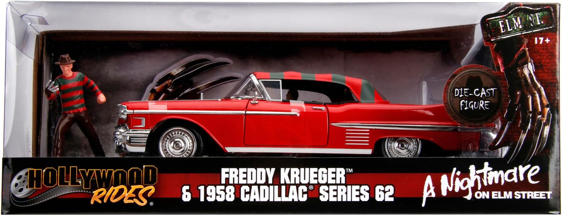 Jada 253255004 Pesadilla en Elm Street coche Cadillac Series 62 1958 metal con figura 1:24 Freddy Krueger Die cast Vehicle, red