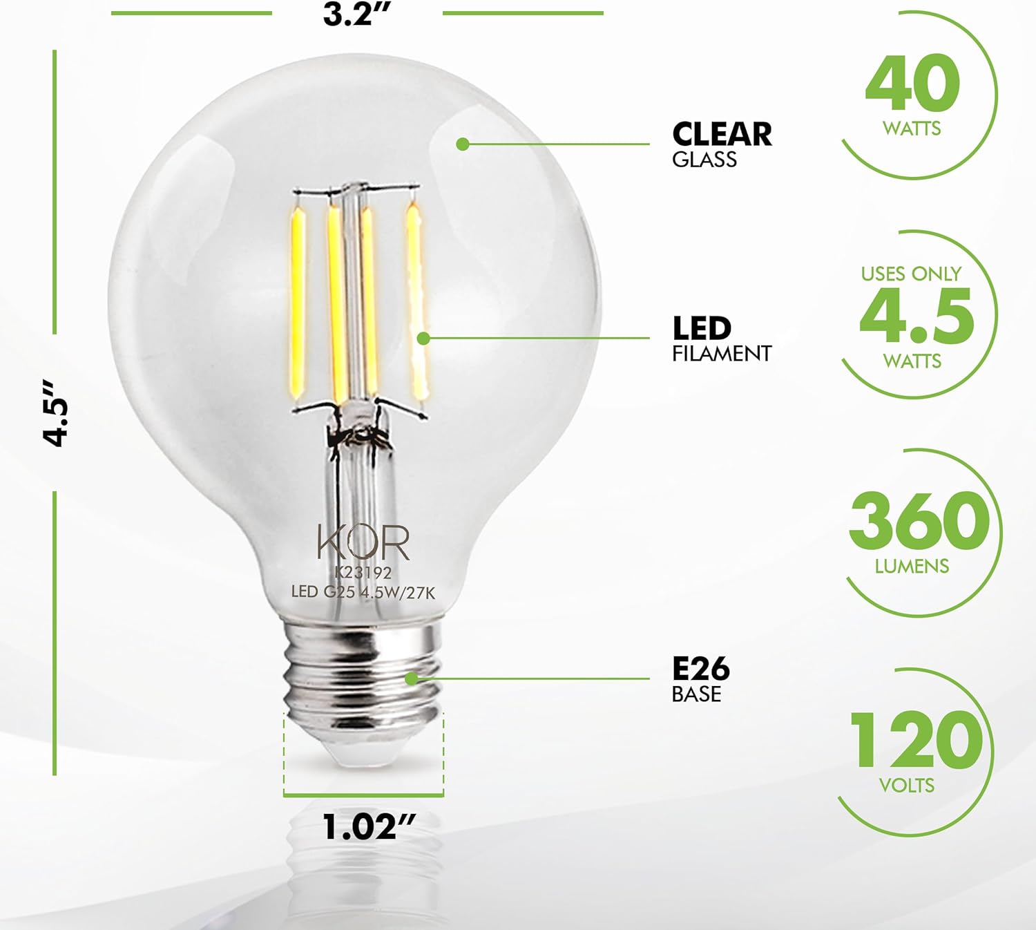 KOR 4 Pack 4.5W (40W Equivalent) Clear G25 Globe Led Light Bulbs 2700K Warm White Dimmable Filament Vintage LED Globe E26 Base Dimmable for Bathroom Vanity Bedroom Pendant