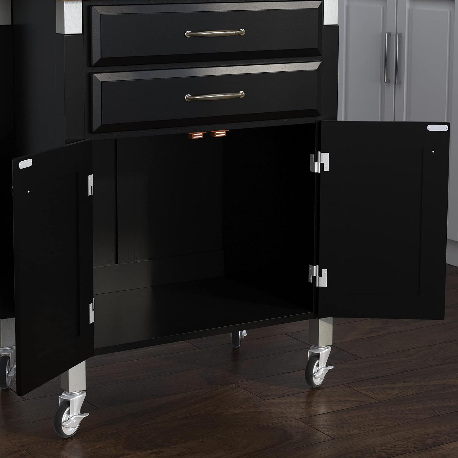 Home Styles Black Dolly Madison Prep and Serve Kitchen Cart with Natural Top, Locking Casters, Two Drawers, Two Storage Cabinets