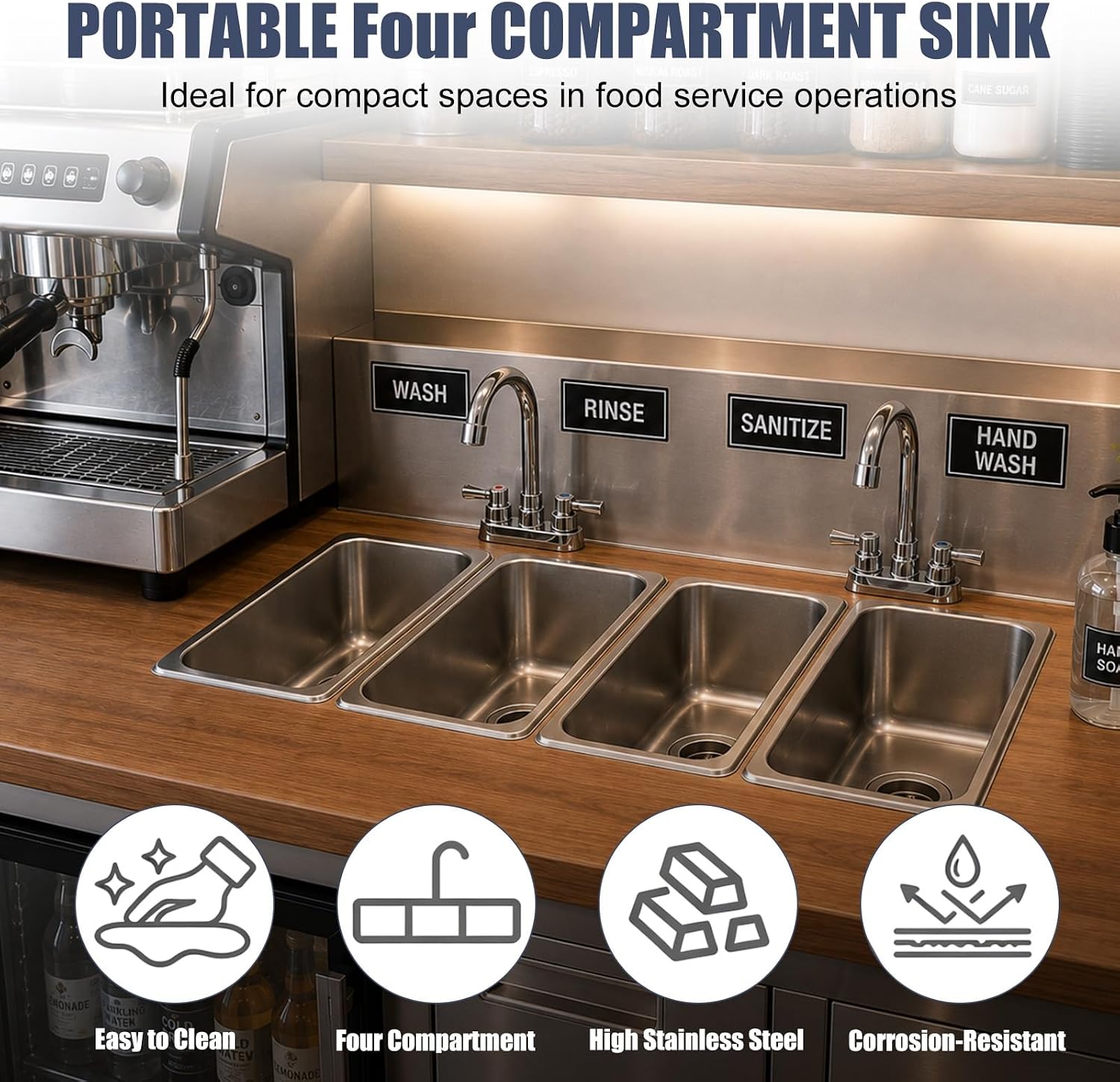 Portable 4 Compartment Sink for Food Truck, Drop-in Stainless Steel Sink