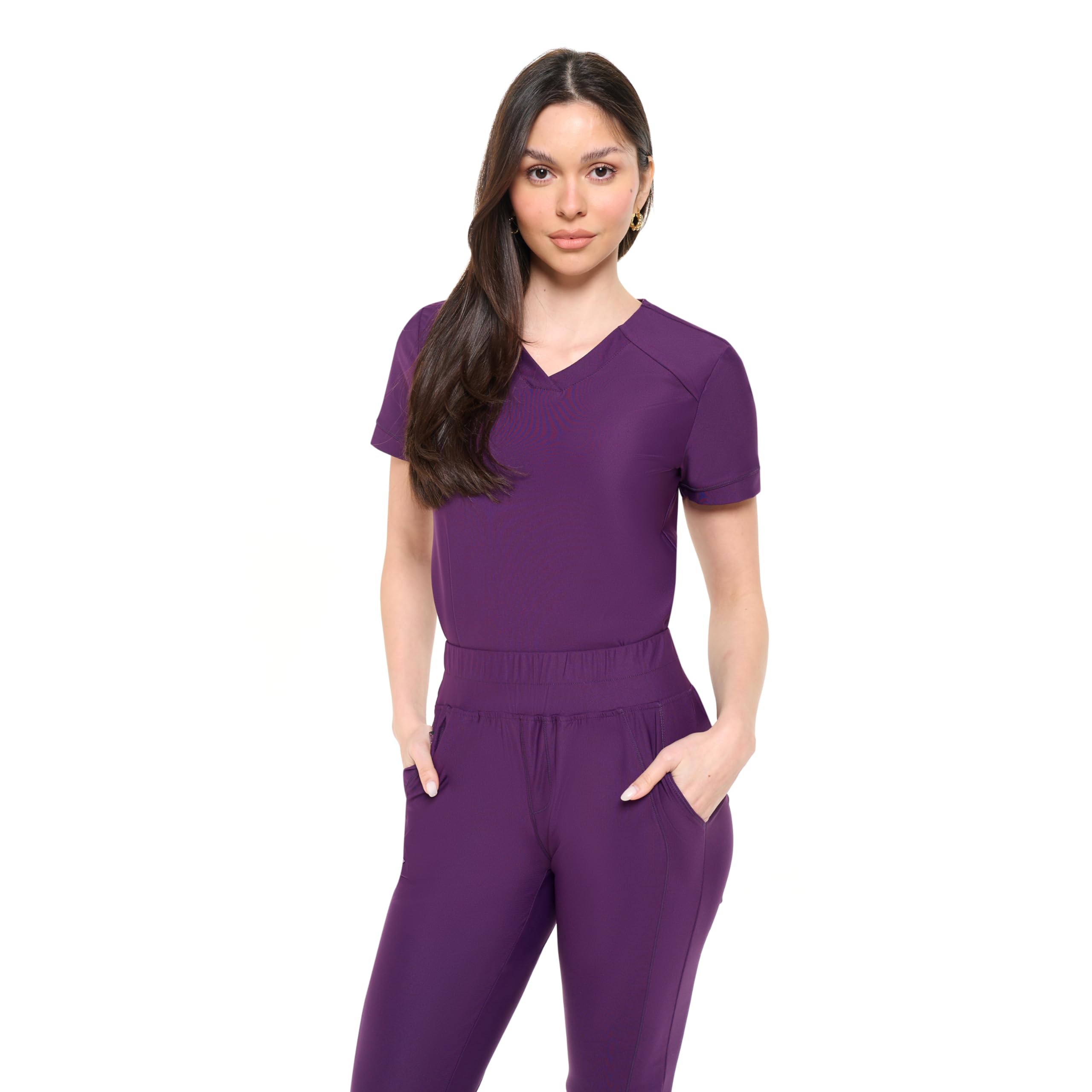 M&M SCRUBS Women's Jogger Scrub Set V-Neck Ultra Stretch Jogger Scrub Top and Pant (Eggplant, X-Large)