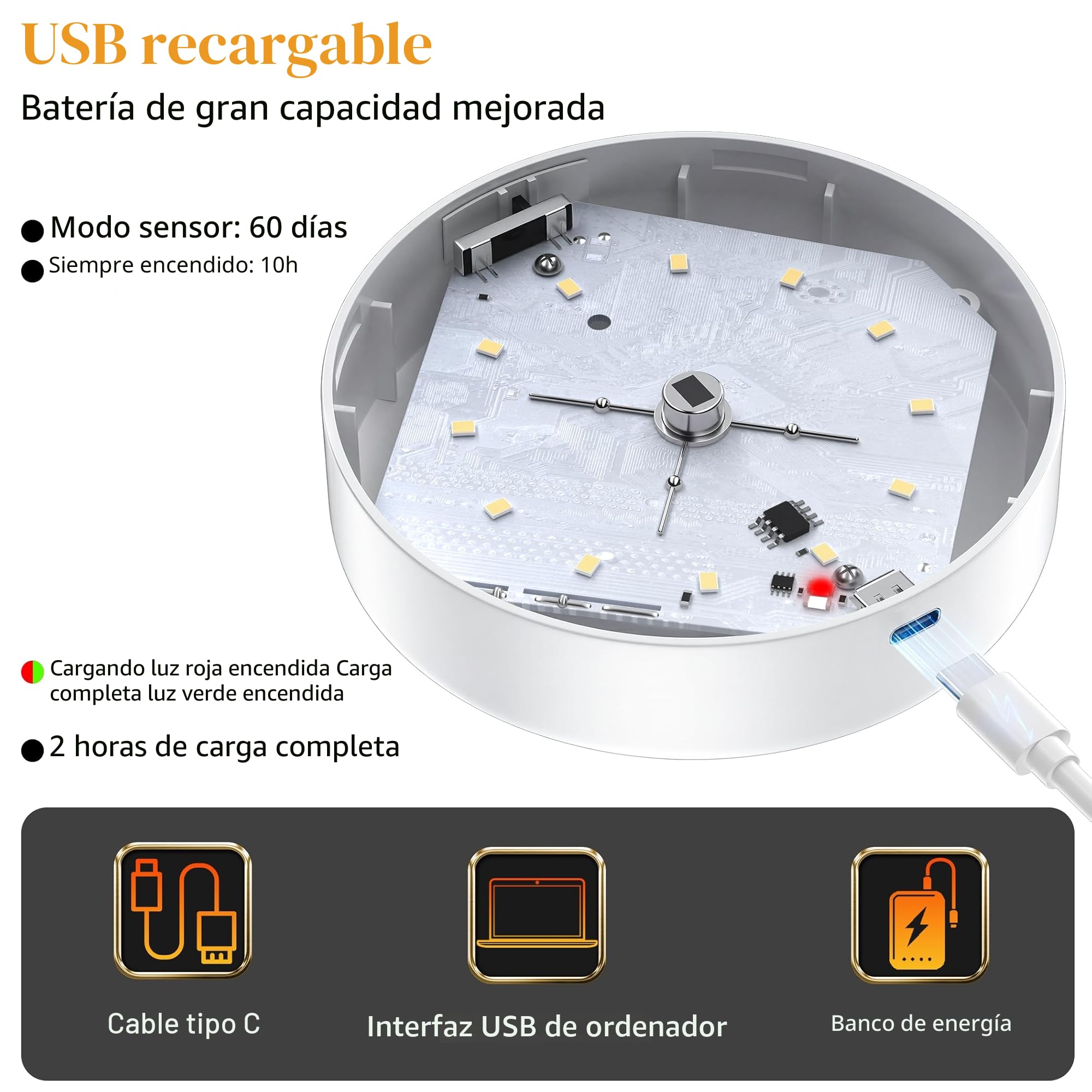 6 Pack Luz Led Nocturna con Sensor de Movimiento,12 LED, Lámpara LED Recargable USB, Luz Nocturna para pared, iluminación de armario, sensor de movimiento interior para escaleras, dormitorio, cocina.