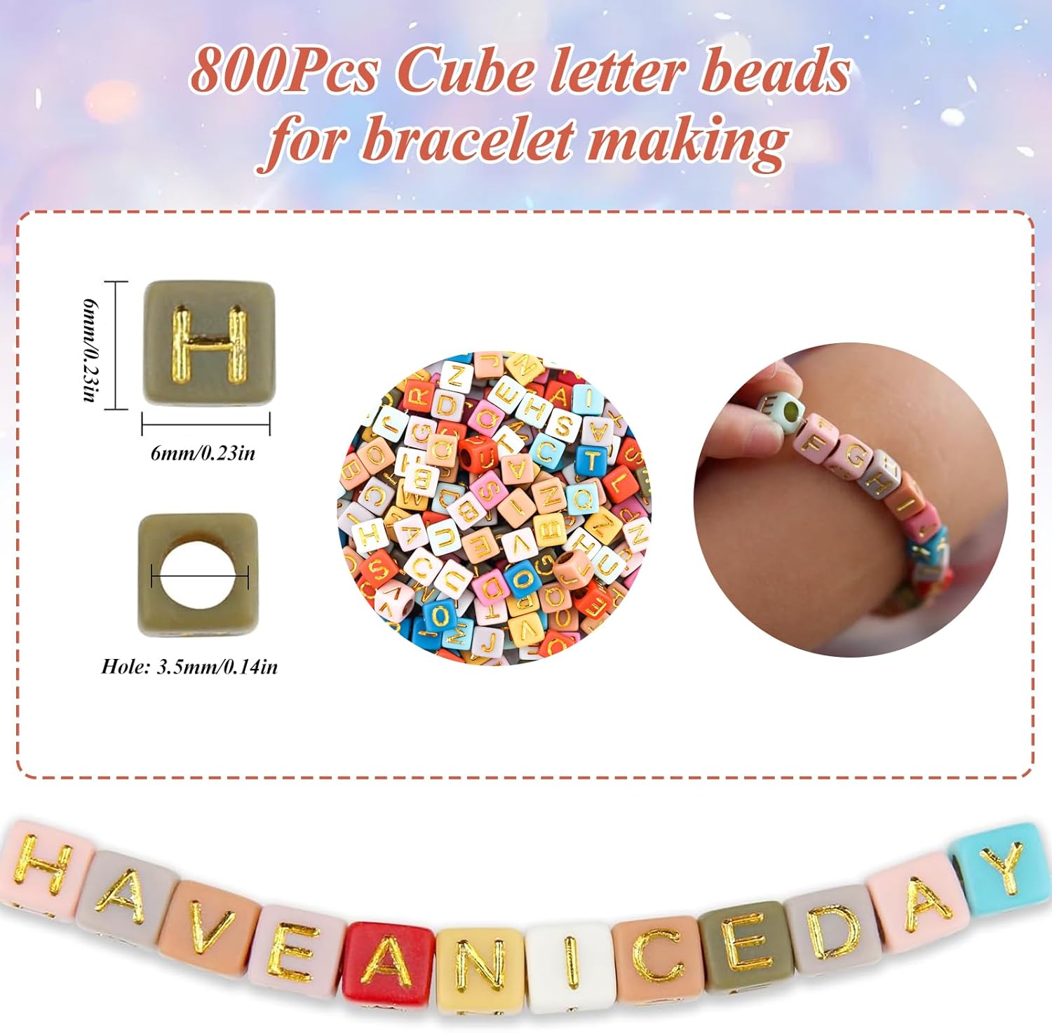800Pcs Colorful and Gold Square Letter Beads A-Z, 6X6mm Acrylic Alphabet Beads for Friendship Bracelets Making - Image 3