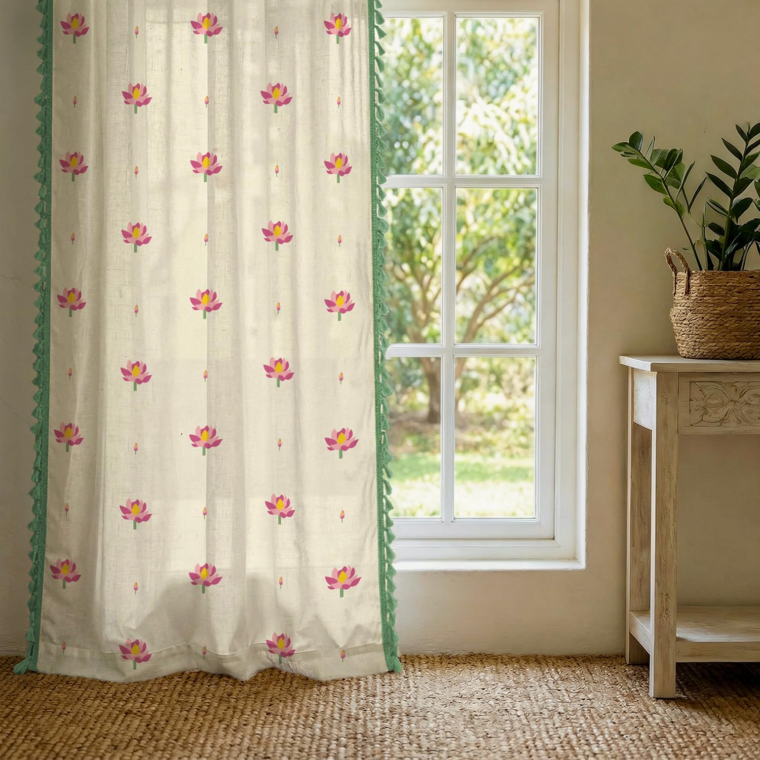 Urban Space Boho Decorative Curtain for Door, 100% Cotton Curtain 7 Feet Long, 1 piece Curtain with Tassels, 60-65% Room Darkening with Tieback and Eyelets (Lotus Aura Pink, 7 Feet)-image-21