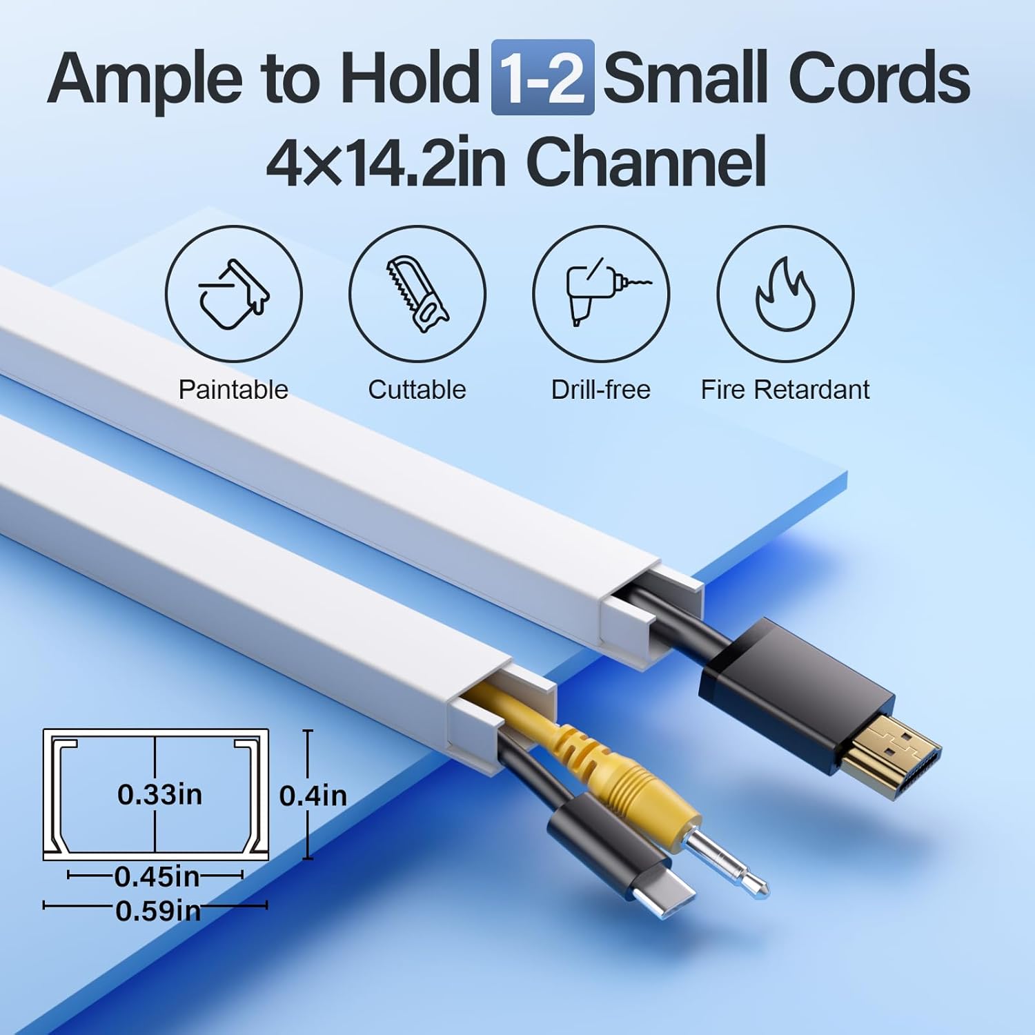 delamu 56.7in cord hider, cord covers for 1-2 wires on wall, one-cord cable hider, easy install wire hider wire covers for cords on wall, cable cover raceway to hide wires along wall, w0.59 h0.4in 56.7in l x 0.59in w x 0.4in h white