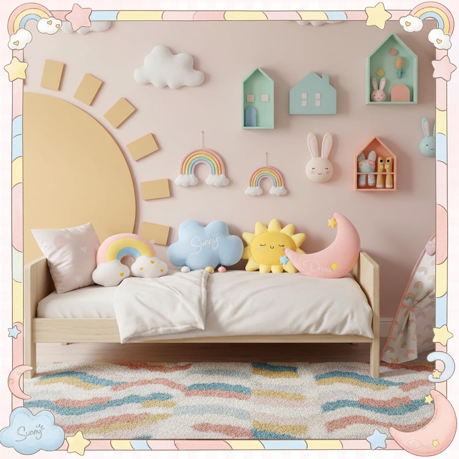 4 Pcs Cloud Rainbow Moon Sun Pillow 17" Soft Plush Pillow Cute Stuffed Throw Cushion Decorative Creative Cushion for Home Decor Gift Room Reading Nook Decorations