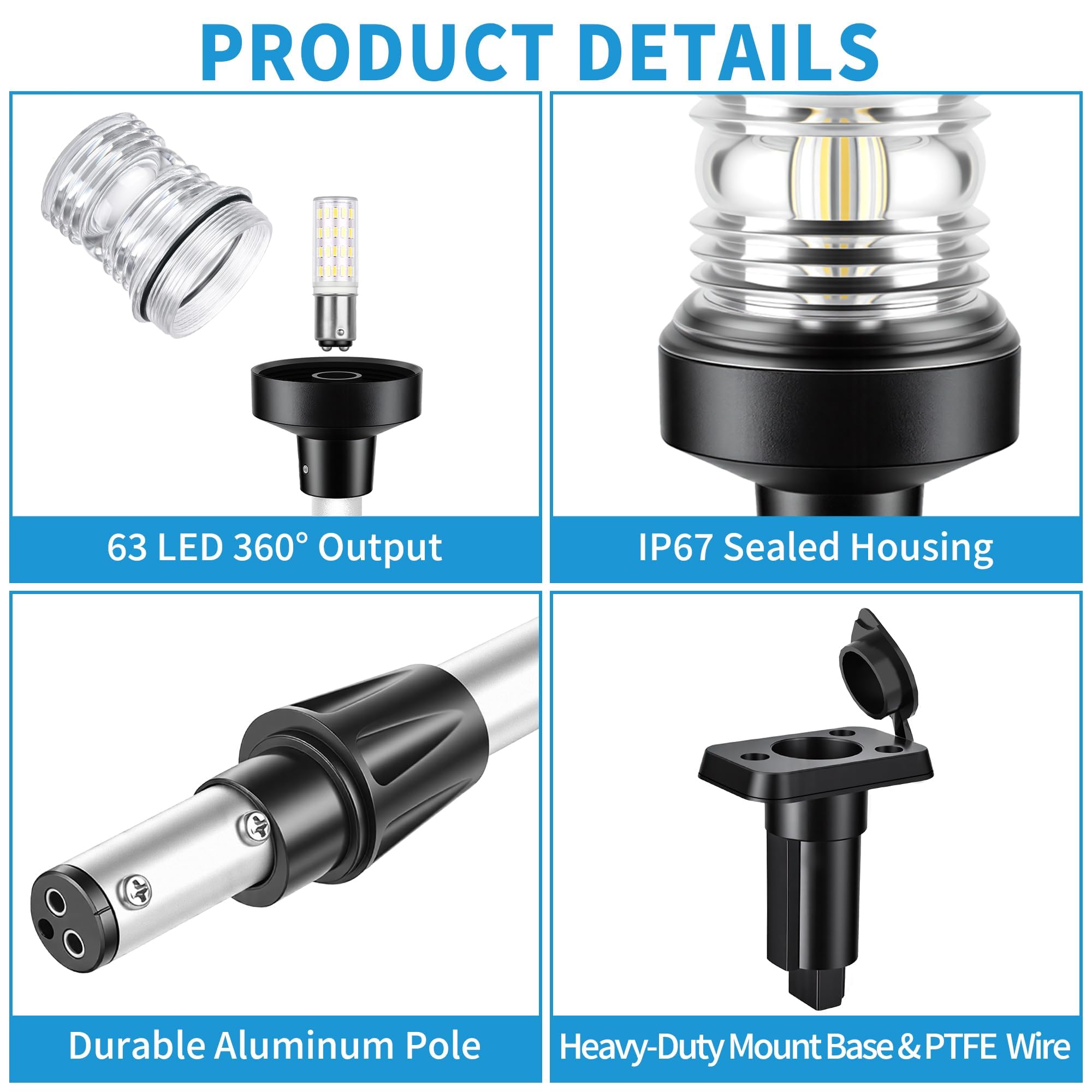 Obcursco Luci di poppa per barche, palo telescopico 3NM 360°, luce di ancoraggio a LED con base, illuminazione di navigazione regolabile da 12 V, per pontone, yacht, basso e barche da pesca (27"-48