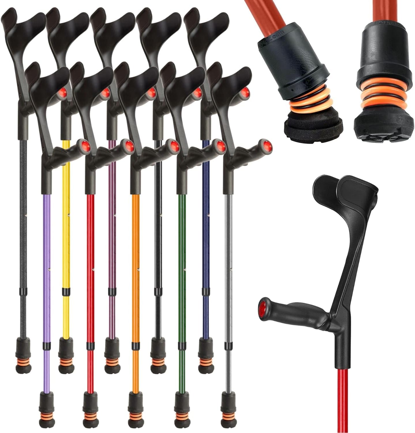 Flexyfoot Shock Absorbing Comfy Grip Adjustable Crutch – Improves Safety, Improves Comfort, Reduces Shocks & Jarring – Red – Left Handed