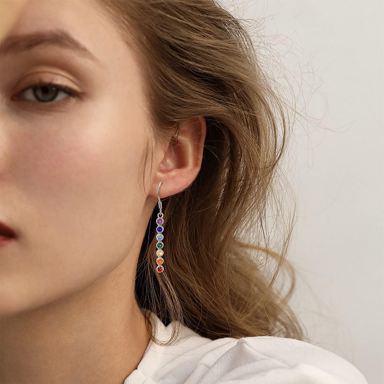 TANGPOET Seven Chakra Earrings for Women Ladies 925 Sterling Silver Healing Gemstone Dangly Earrings Rainbow Jewelry Reiki Meditation Balancing Gifts for Yoga Lover