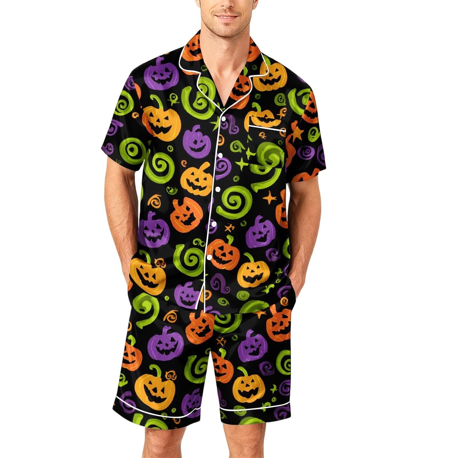 Generisch Pijama deportivo para hombre de manga corta con botones y pantalones cortos con estampado gótico, conjunto de ropa de dormir y ropa de dormir para las vacaciones para hombre (verde, XXXL)