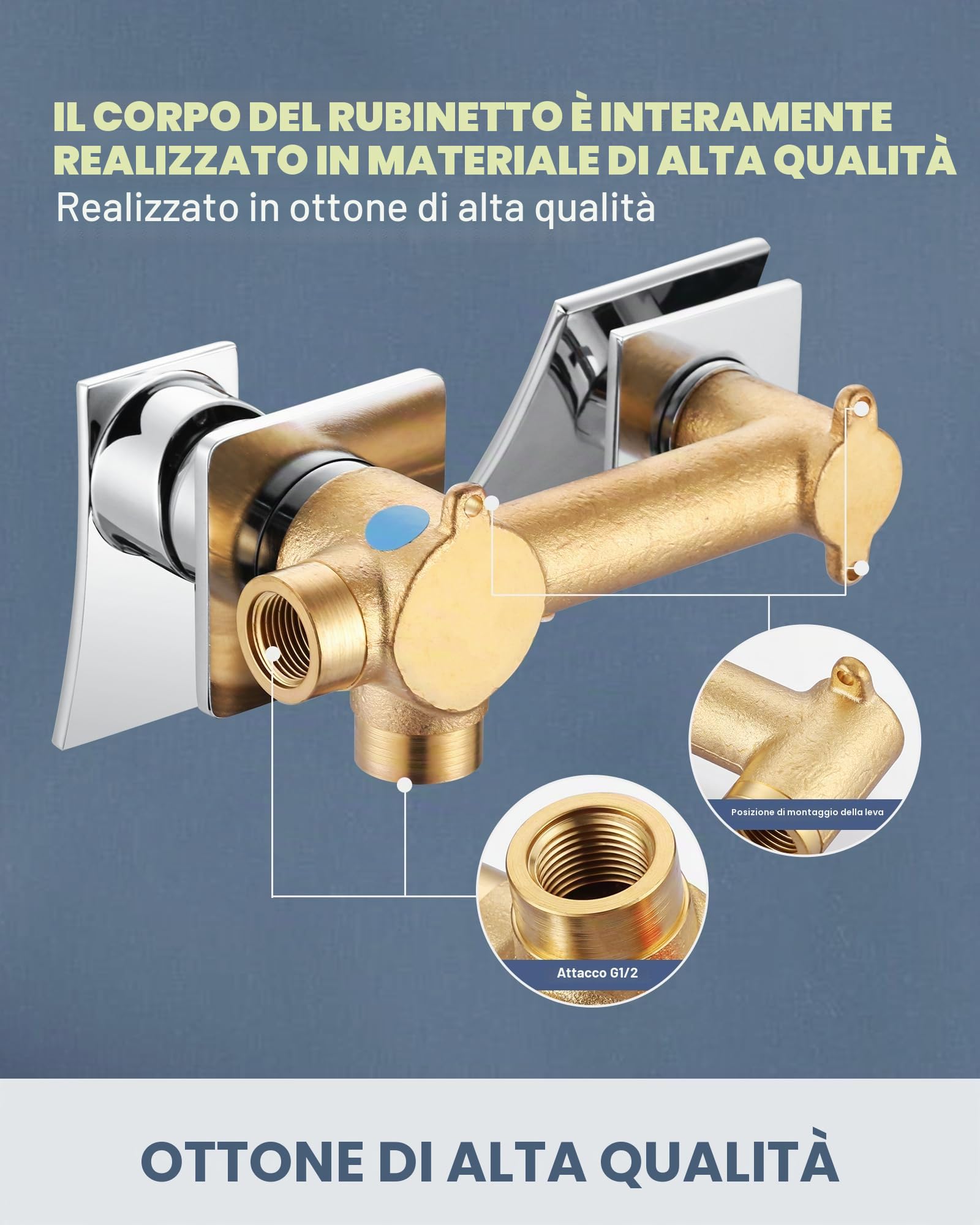 Rubinetto da bagno a cascata: rubinetto da incasso per montaggio a parete – Rubinetto a parete a 2 fori con manico semplice e beccuccio grande, miscelatore per bagno, cromato