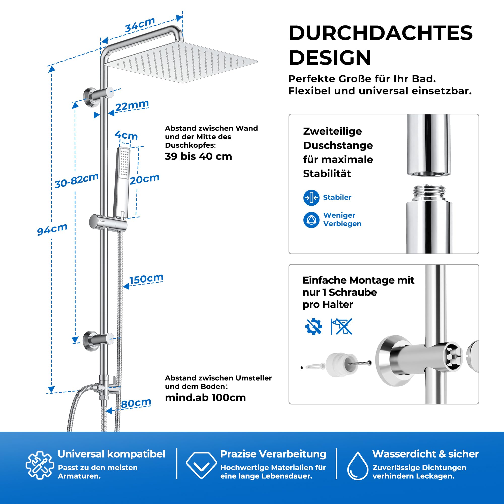 Görbach Set Doccia a Pioggia Acciaio Inox 20x20 Quadrato Soffione Doccia Doccetta a Mano
