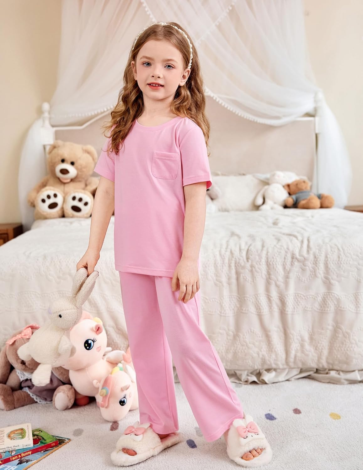 Arshiner Girls' Sleepwear Short Sleeve Long Pants Pajamas Sets Soft Loungwear for Kids - Image 3