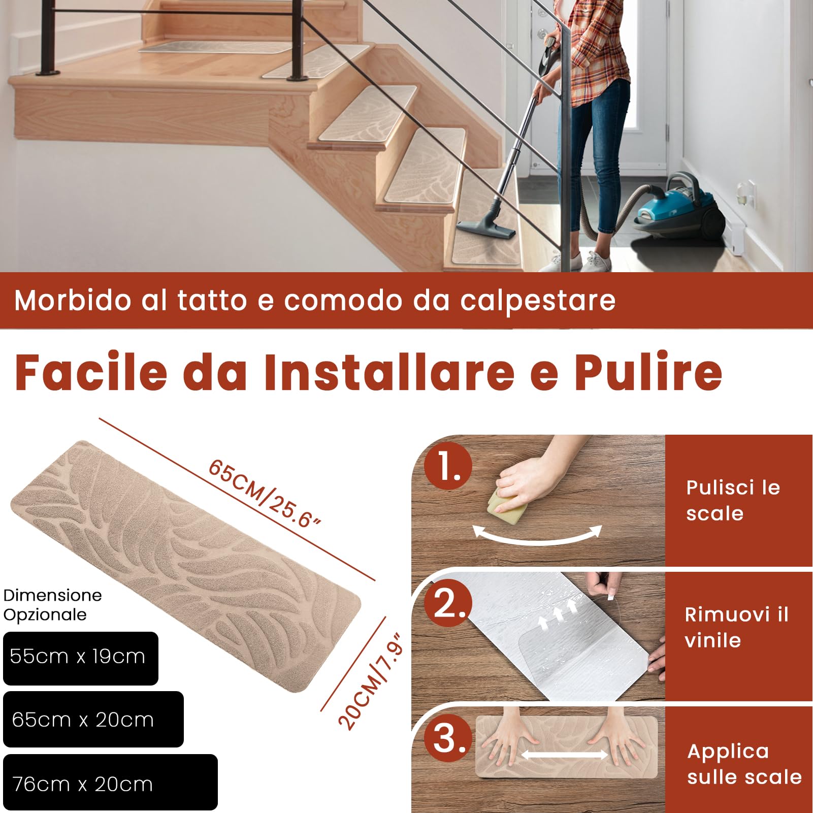 Tappetini per Scale Antiscivolo, 15 Tappetini Autoadesivi per Gradini Interni, Ritagliabile e Riutilizzabile - Protezione per Animali Domestici, Anziani e Bambini (Beige, 65x20 cm)