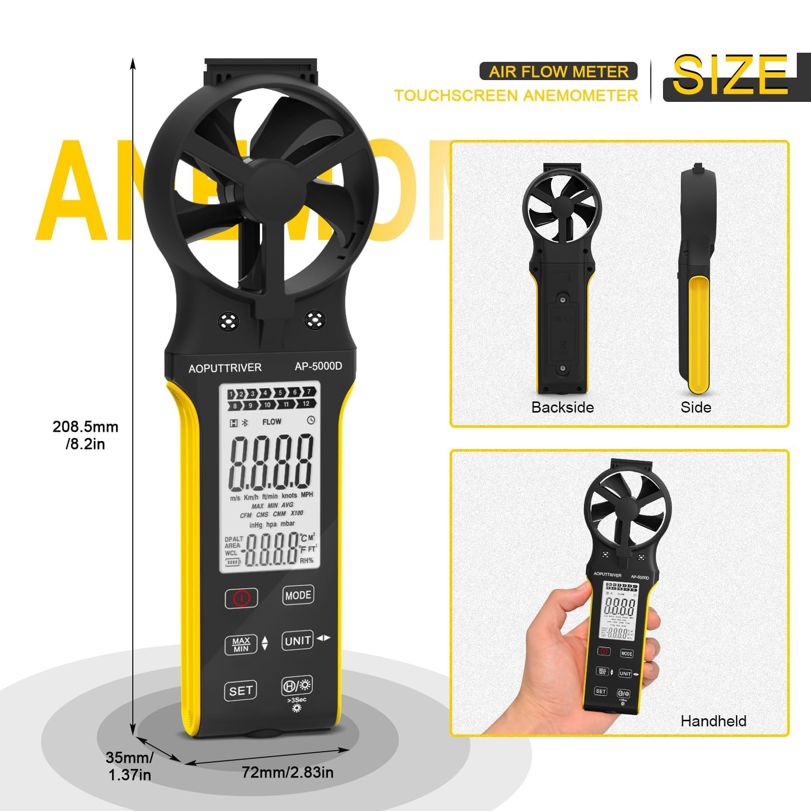 Windmesser CFM Messgerät, Wiederaufladbarer Anemometer mit Touchscreen, Anemometer Handheld Digital Windmessgerät Misst Luftvolumen/Windgeschwindigkeit/Temp mit MAX/MIN für HVAC Drohne