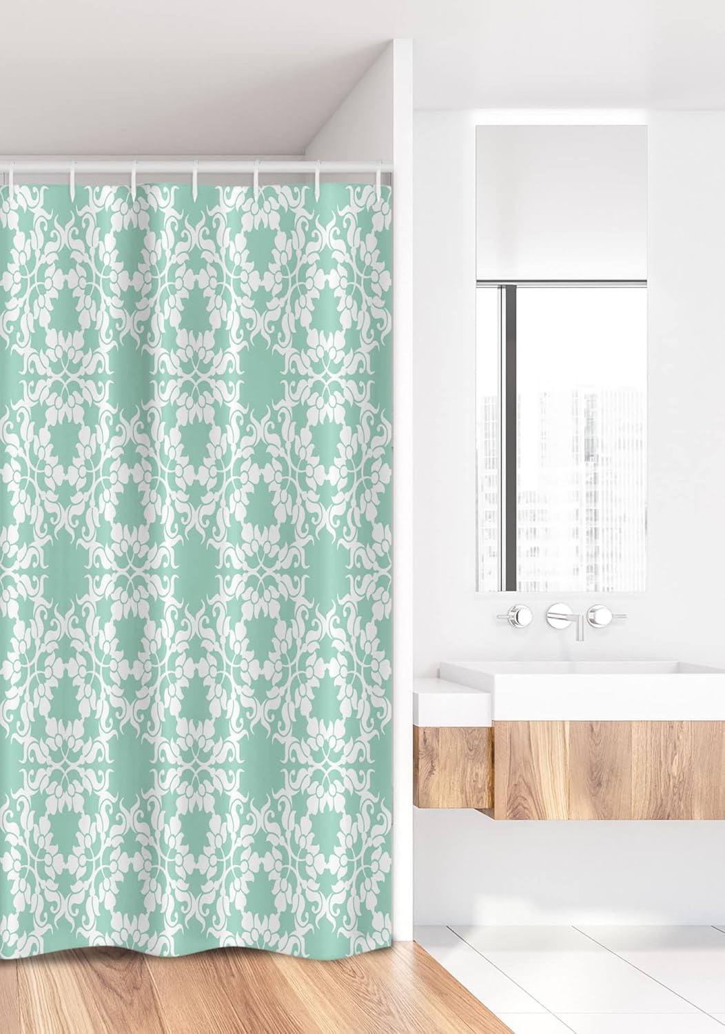 Ambesonne Turquoise Stall Shower Curtain, Floral Ornamental Damask Cercle Curl Pattern Vintage Victorian Design Print, Fabric Bathroom Decor Set with Hooks, 36" W x 72" L, Sea Green White