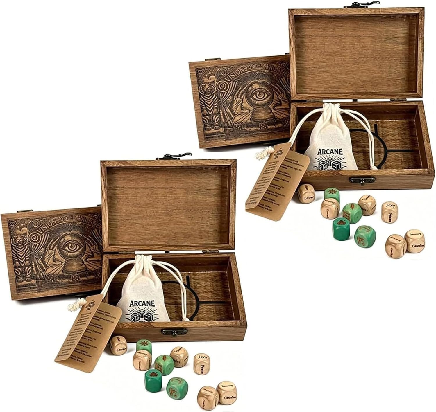 Set di dadi di divinazione con scatola di legno incisa - 10 pezzi | Dadi Oracolo di alta qualità per rituali, amplifica intuizione, realizzati a mano con simboli