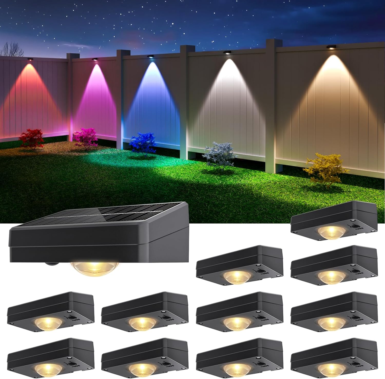 NIORSUN Solar Fence Lights Outdoor Waterproof,Warm & Cool White RGB,12 Pack LED Spot Lens Deck Lights 9 Mode,Solar Powered Wall Lighting Decor for Outside Patio Step Backyard Railing Pool Black