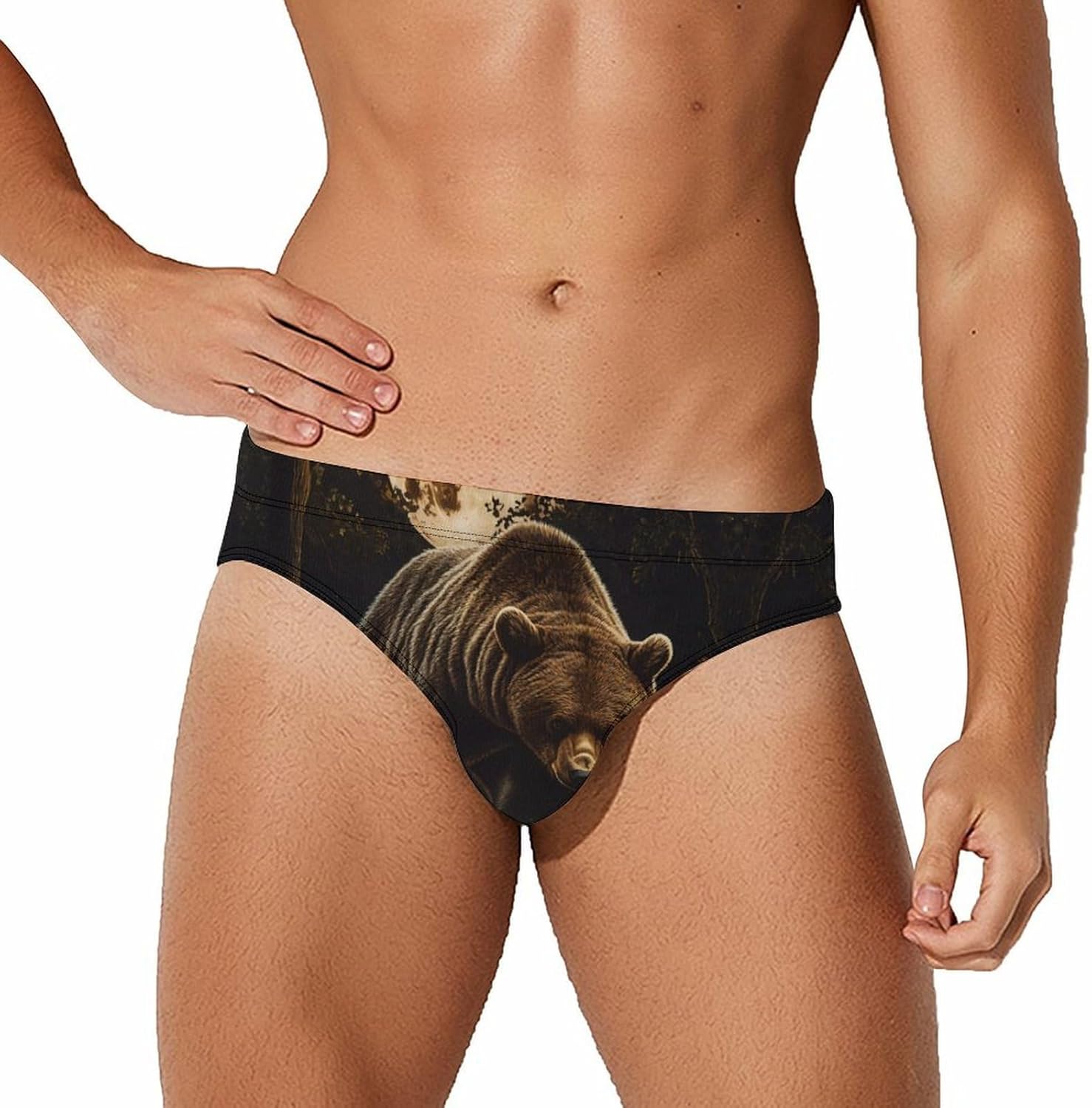 Grizzly Bear Walking Through Forests Mens Swim Briefs Print Bikini Swimwear Sport Swimsuit Surf Shorts Trunks