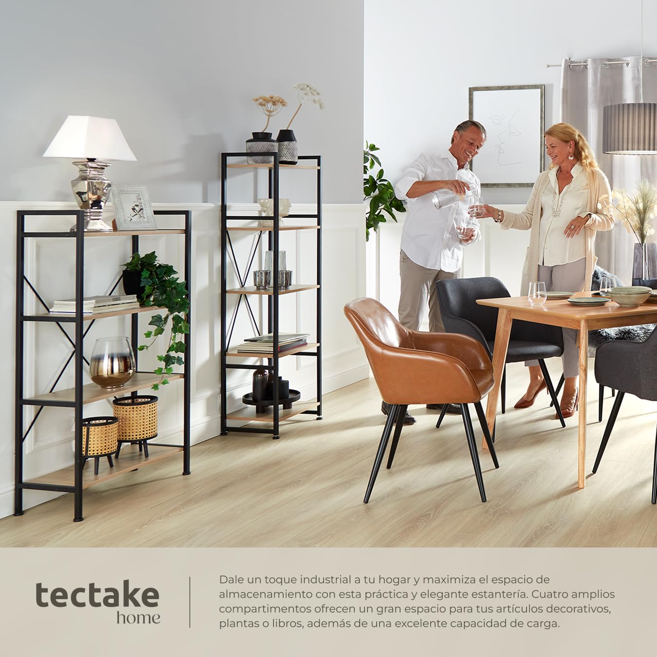 tectake® Estanteria Metalica de Estilo Industrial con Estructura Estable, Sistema Antivuelco, Estantería Madera para Oficina, Mueble Recibidor - Madera Industrial Clara, Roble Sonoma