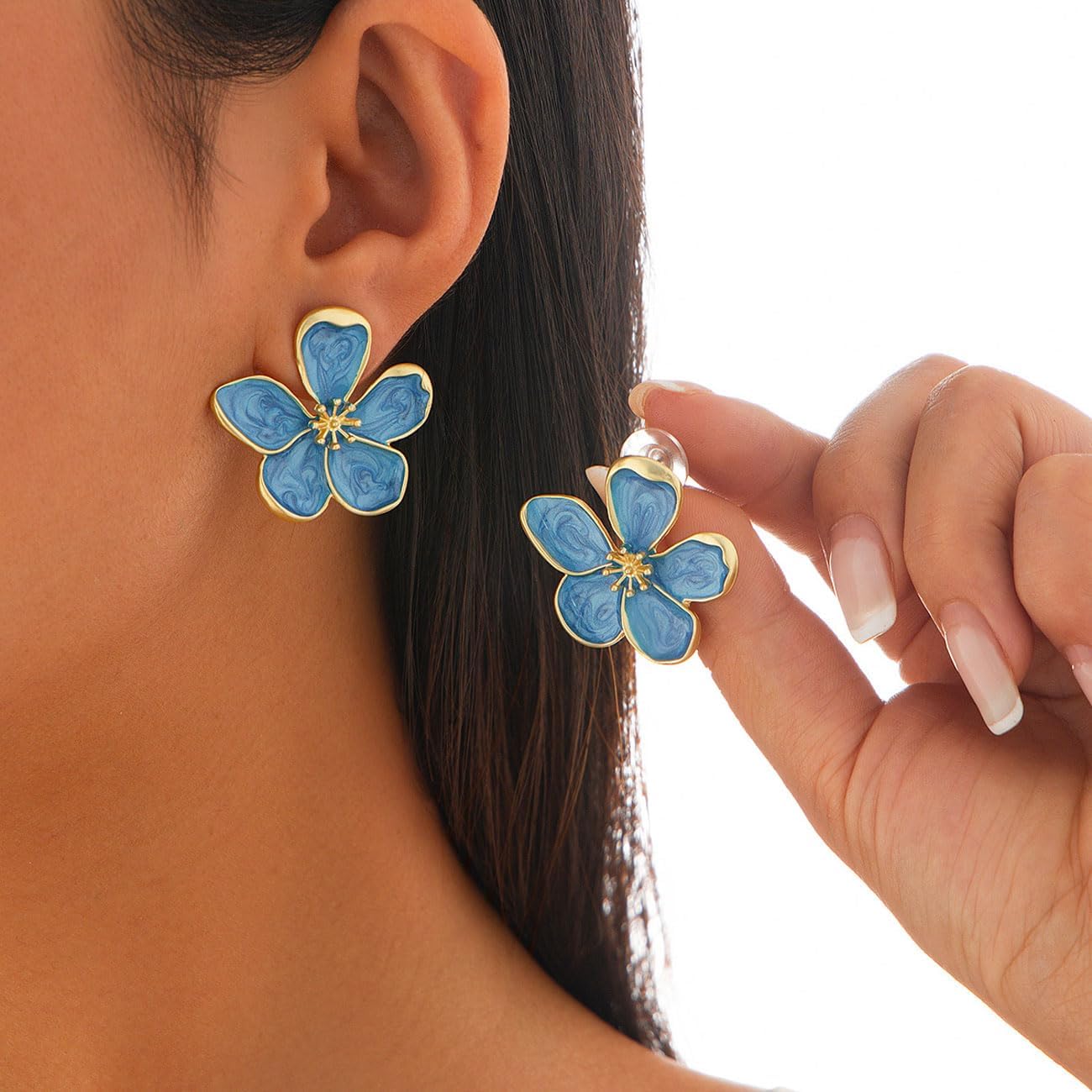 Flower Earrings for Women Gold White Blue Pink Floral Stud Earrings Flower Statement Earring Vintage Floral Earring Jewelry for Women - Image 2