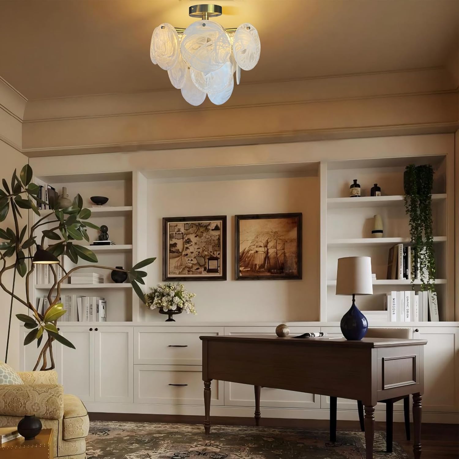 Small Crystal Chandelier Semi Flush Mount Ceiling Light Fixture Modern Bronze Gold Cloud Glass Chandelier Light for Entryway Hallway Bathroom Bedroom