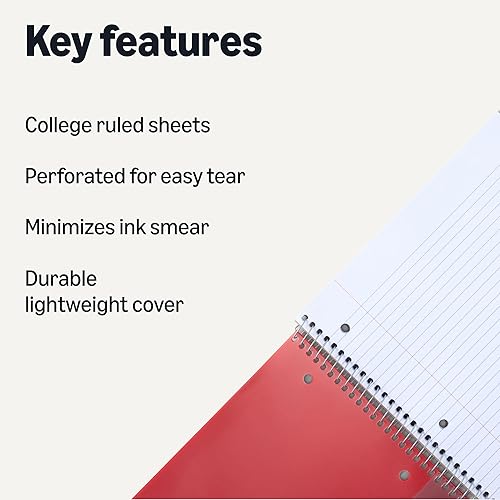 Miniatura 2 de Yaxa Basics - Cuaderno espiralado con rayas universitarias para 1 asignatura, cubierta de poliéster, 100 hojas, 8-1/2" x 11", paquete de 3