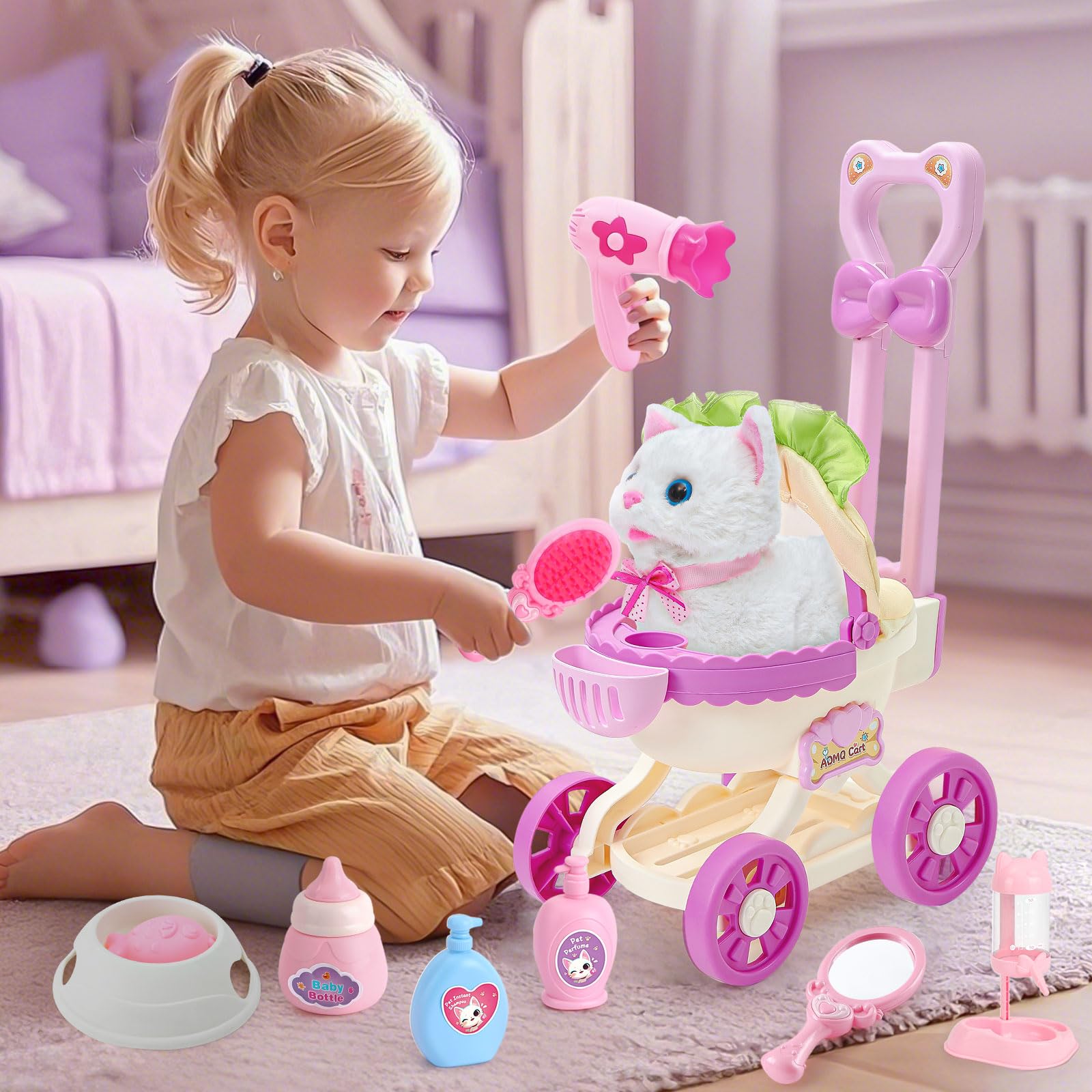 Tacobear Jouet Electronique en Peluche Chat Fille 3 4 5 6 Ans, avec Interactif Chat & Poussette de Poupee & Accessoires de Animaux Jeu de Role Jouet Cadeau Noël Danniversaire Enfant Fille 3-6 Ans