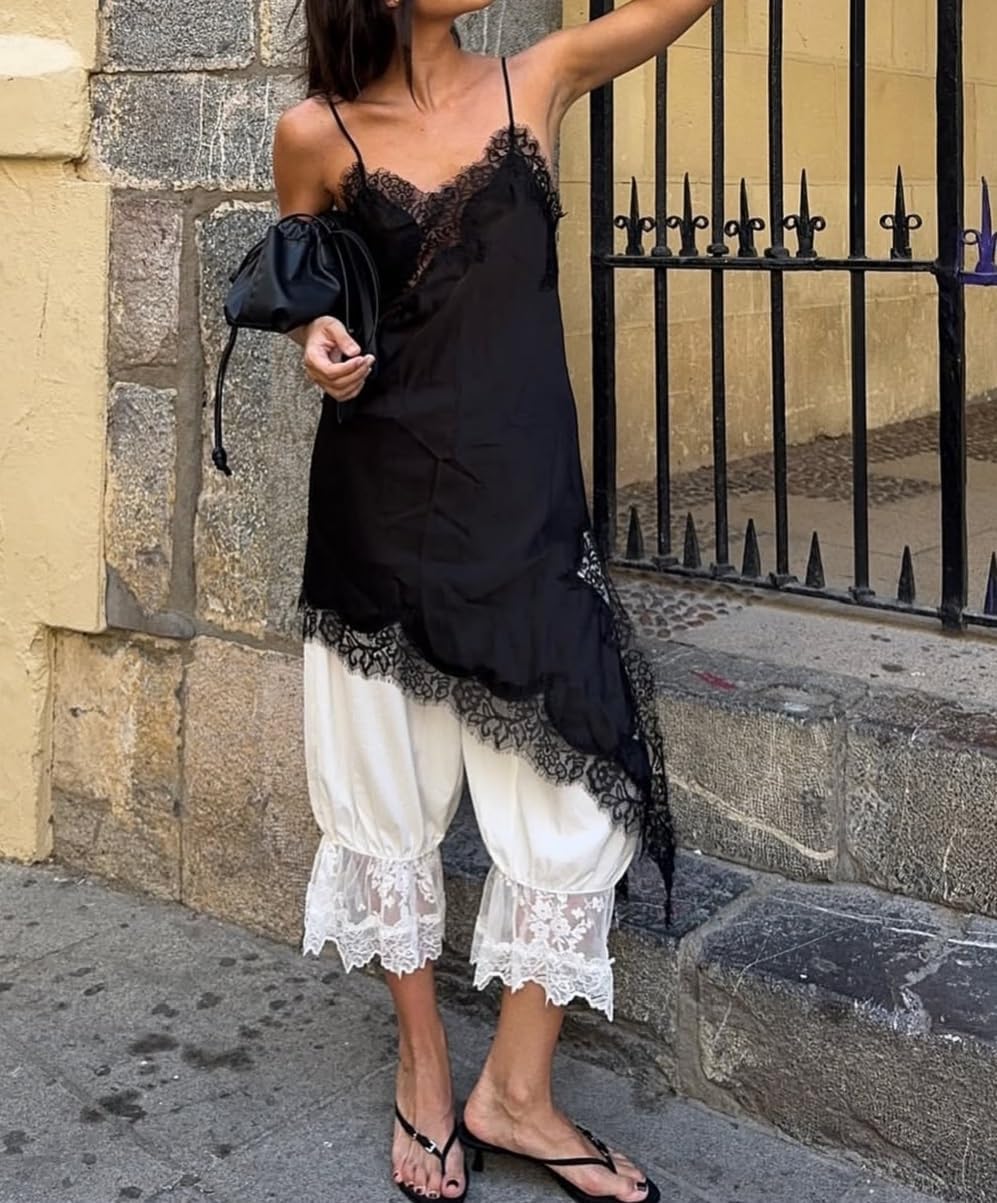 Women Lace Trim Satin Long Flowy Tank Tops Sleeveless Silk Camisole Tops Boho Spaghetti Strap Cami Layering Top - Image 2