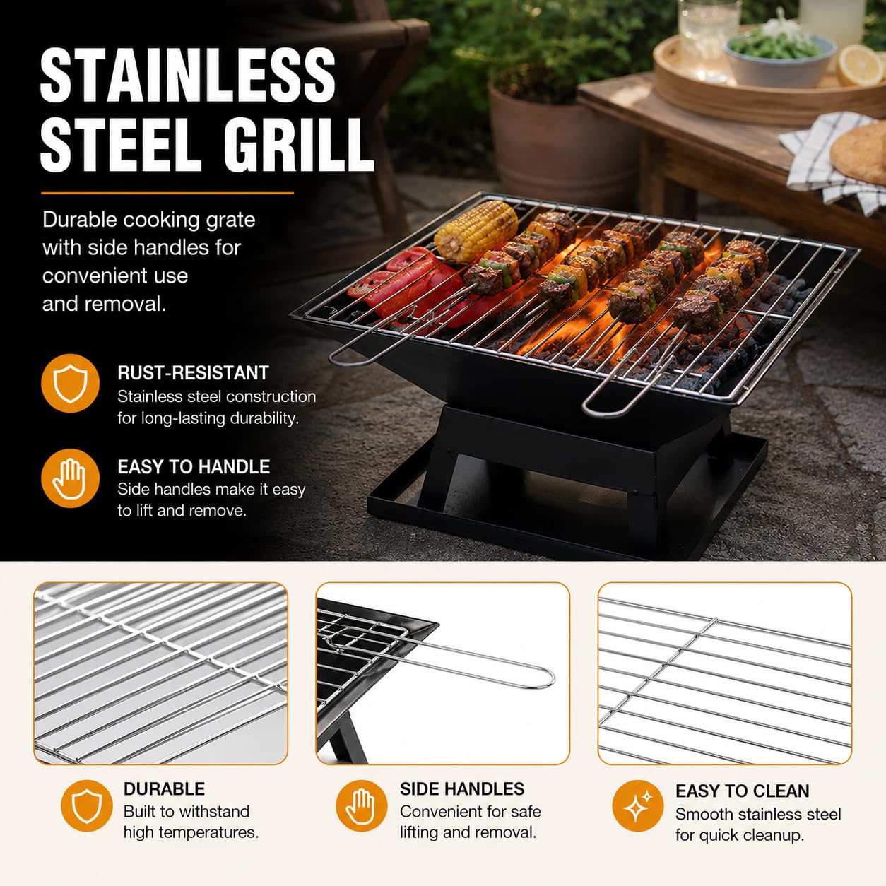 garden mile® Foyer carré avec grille de barbecue et tisonnier - Chauffage de jardin en métal - Noir - Barbecue - Décoration de terrasse - Foyer portable - Couvercle en maille