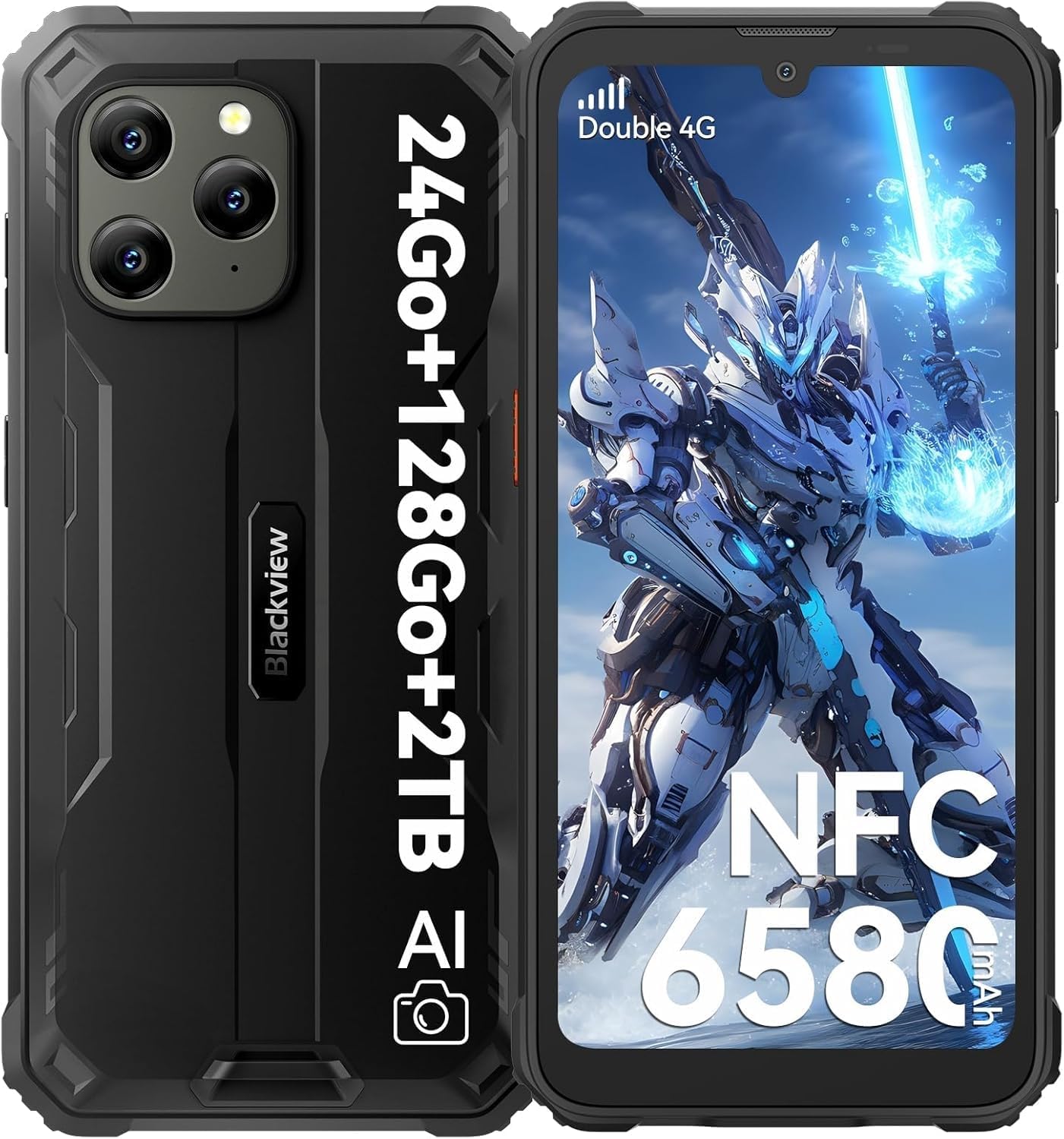 BlackviewBV5300 Plus Rugged Smartphone with Earphone,24GB RAM+128GB ROM/2TB Rugged Phones, Android 13+DokeOS 4.0, 6580mAh, 6.1" HD+ Display,13MP Triple Camera Waterproof Phone Unlocked/NFC/OTG-Black