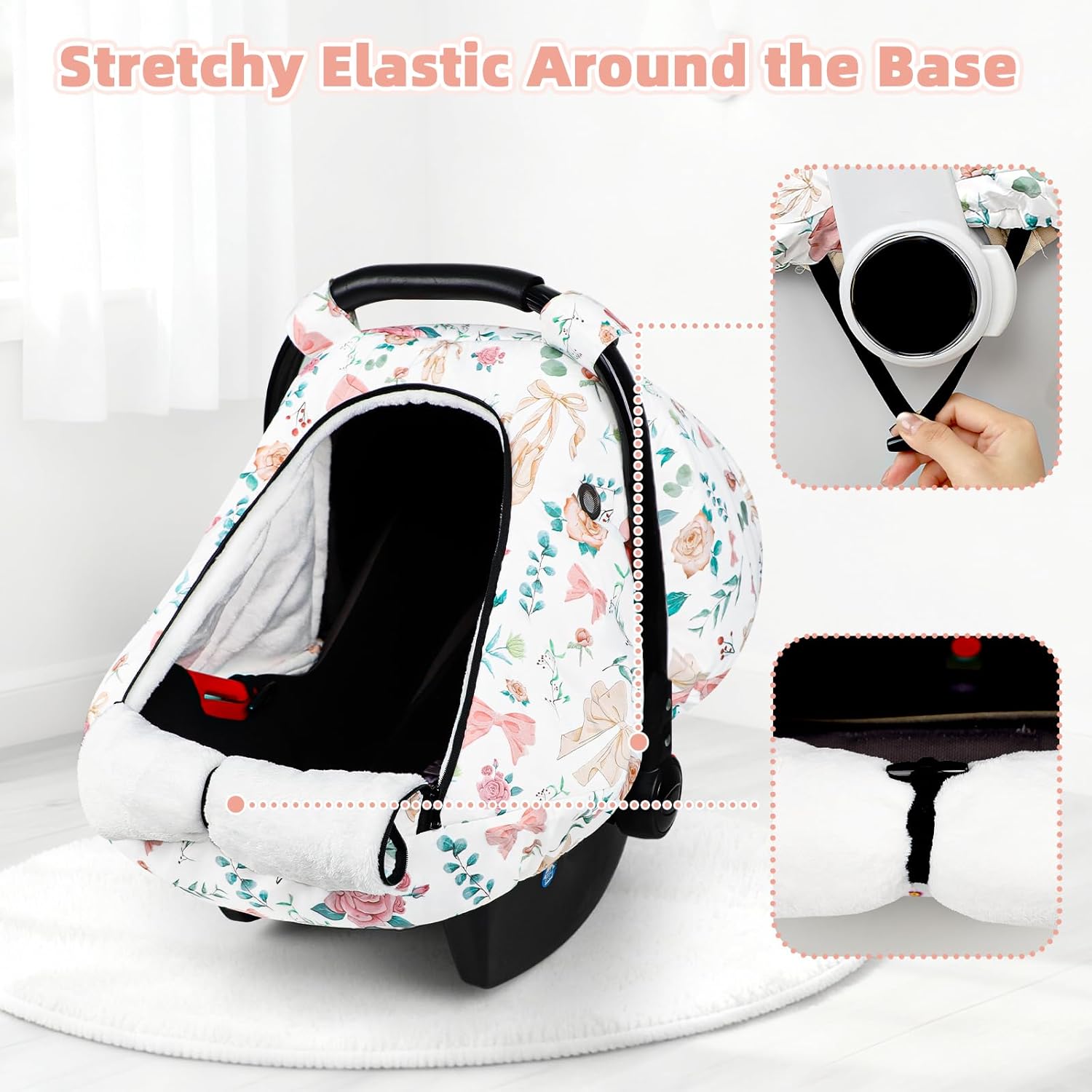 Winter Car Seat Cover Baby, GFU Warm Carseat Cover for Babies, Universal Infant Car Seat Canopy Waterproof, Cold Weather Shield Coats Pink Bow