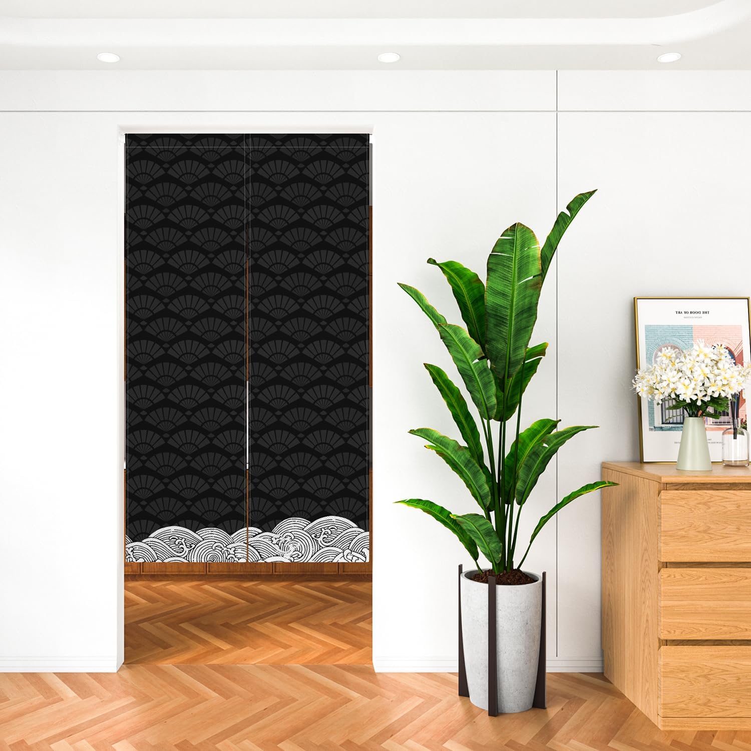 Leowefowa Traditional Japanese Noren Double Sided Doorway Curtain Window Treatment Hanging Black Wave Printed Door Curtain Tapestry for Ukiyoe Room Divider Pannel Kitchen Home Decors33.5 x 70.9"