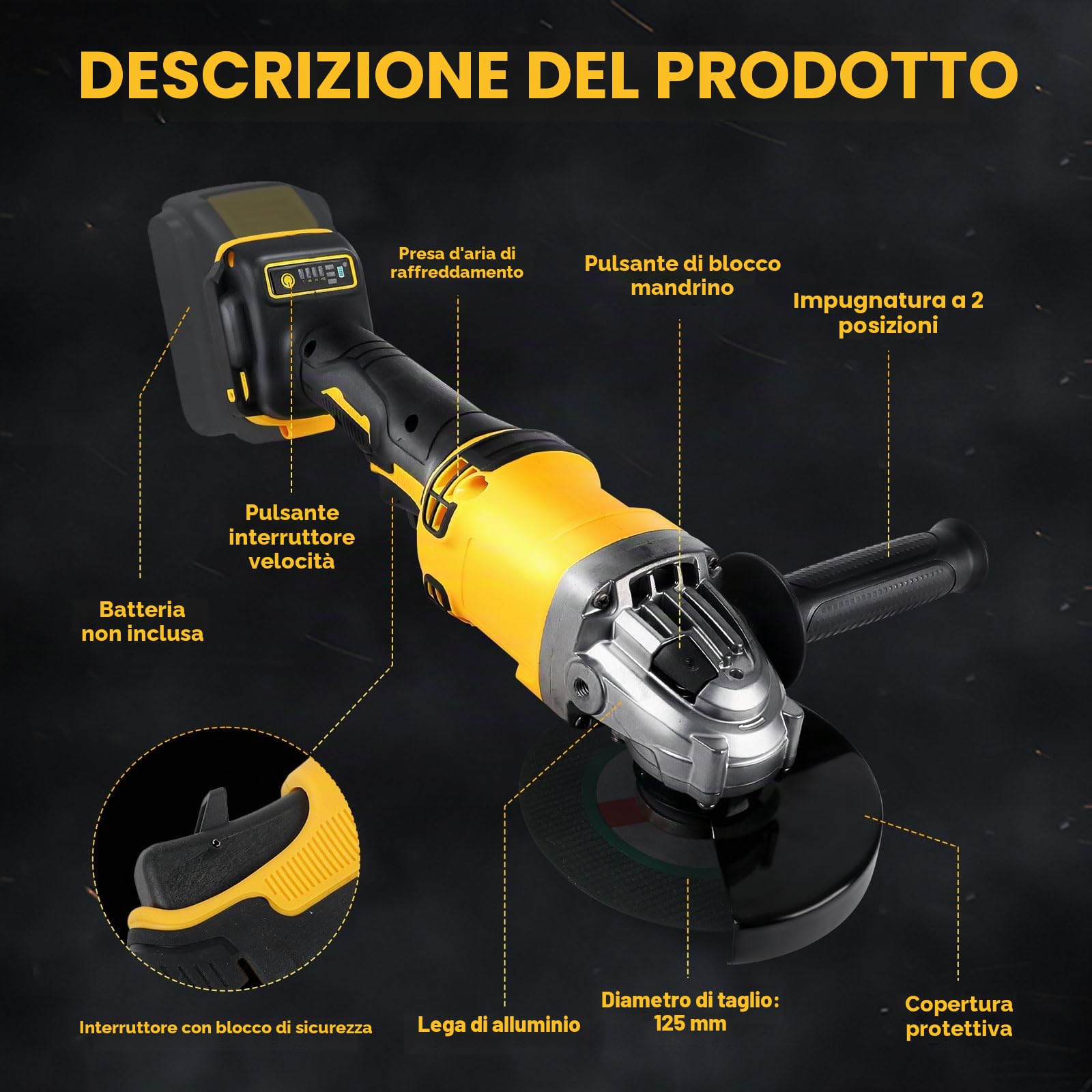 Smerigliatrice angolare a batteria per Dewalt 18V 20V, 125 mm 10000 giri/min utensile da taglio smerigliatrice elettrica, motore brushless con 6 lame per legno plastica metallo taglio molatura