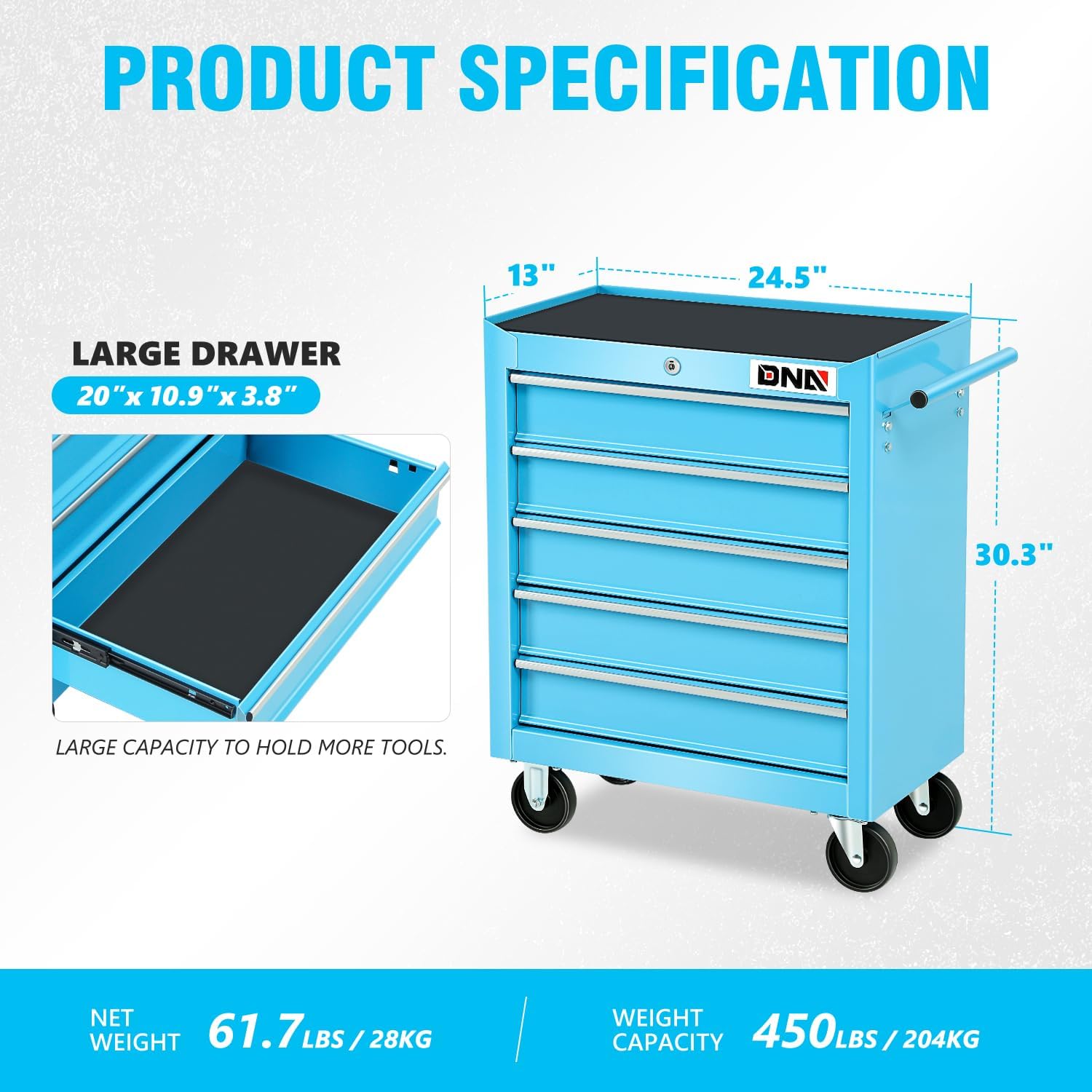 DNA Motoring 5-Drawer Plastic Top Rolling Tool Cabinet with Keyed Locking System,13" D x 24.5" W x 30.3" H, Blue, TOOLS-00485