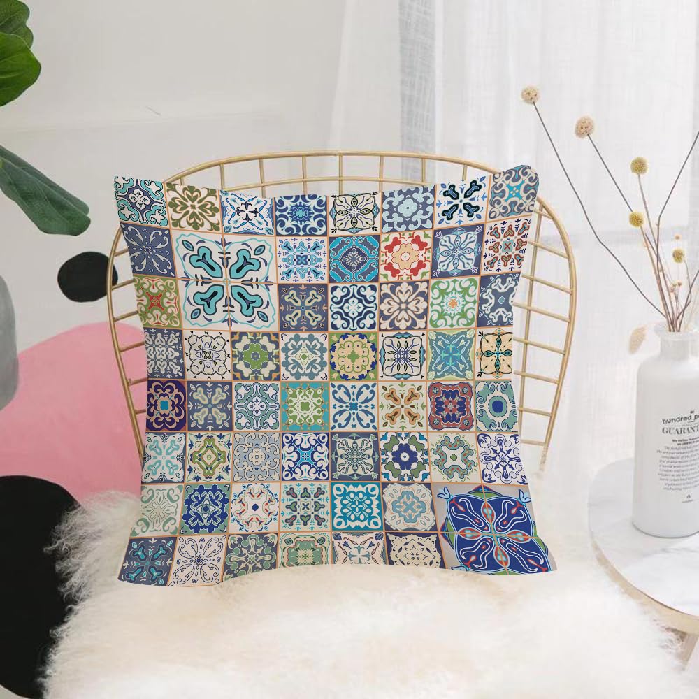 HYMSXW Cushion Cover,Throw Pillow Case Home Decorative for Living Room Bedroom Sofa Chair 20X20 Inch,Moroccan Set,Floral Patchwork Design with Arabesque Figure and Shapes Mediterra,Pillowcase 50X50cm
