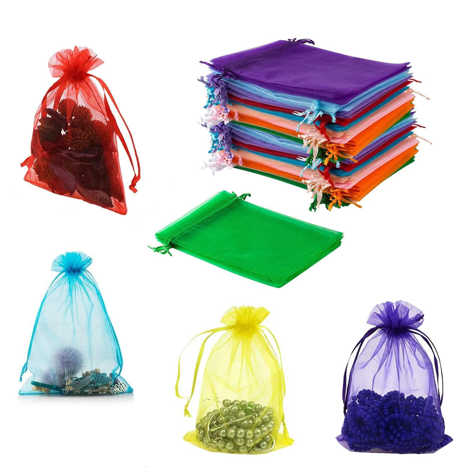 100 Pièces Sachets Organza 7x9cm Blanc - Sacs Cadeaux Bijoux Mariage Avec Cordon Satin