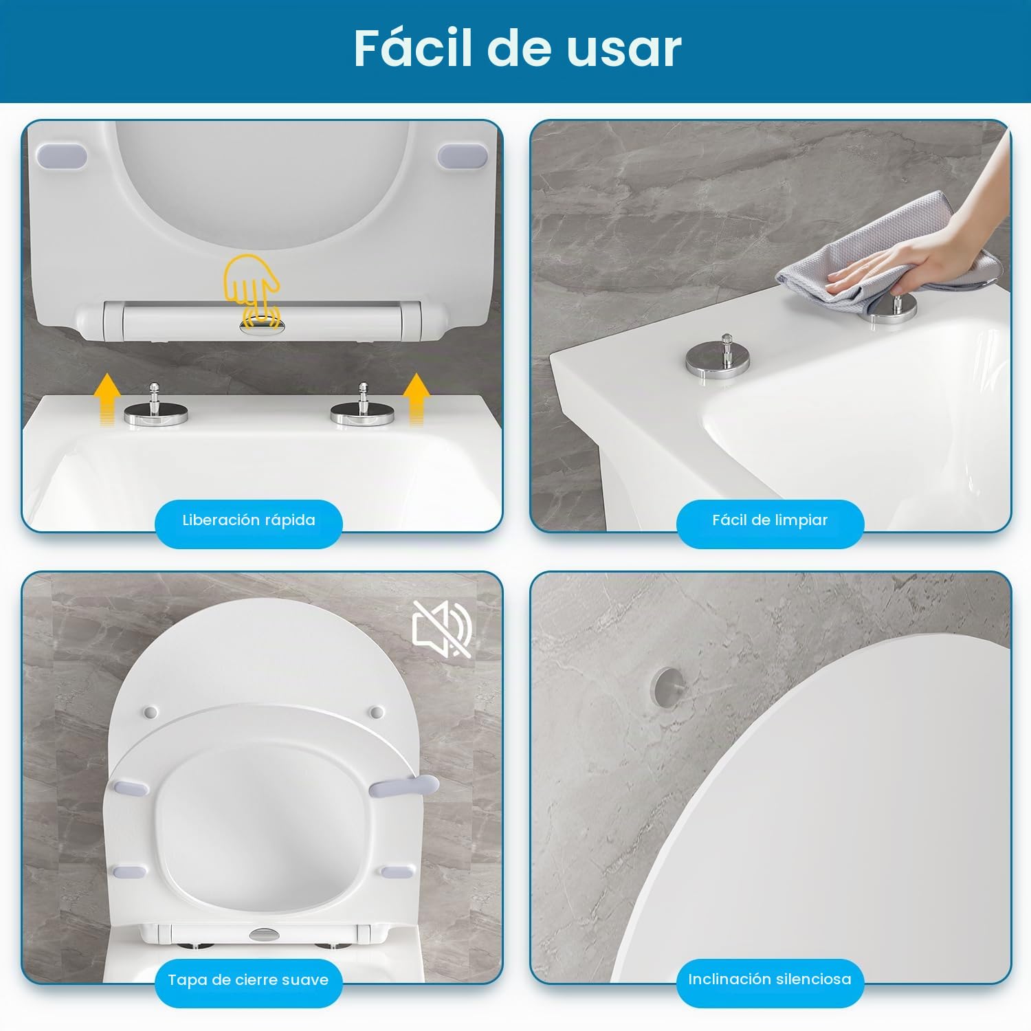 Tapa Wc Ultrafino Forma D Universal [COURT], Asiento de Inodoro de Cierre Suave con Liberación Rápida para una Fácil Limpieza, Blanco con ribete negro, 42,5 * 36,2 cm | Asiento de inodoro de liberación rápida con asa, fácil montaje, tamaño 427 × 364 mm, a